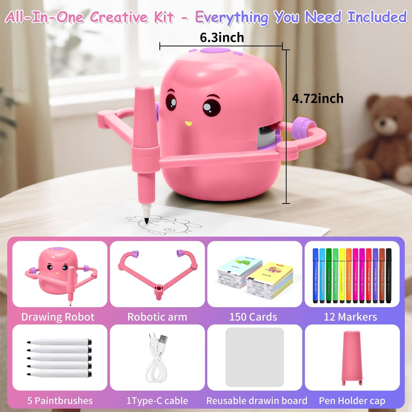 Drawing Robot for Kids, Voice Interactive Educational Drawing Machine with 150 Drawing Cards, Montessori Learning Toys for Kids Ages 3-8, for Boys