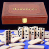 Strategyify Double 6 Dominoes Set with Spinners - 28 Ivory Tiles in Brown Leatherette Case, Classic Family Game for Adults, Portable Travel Gift Set