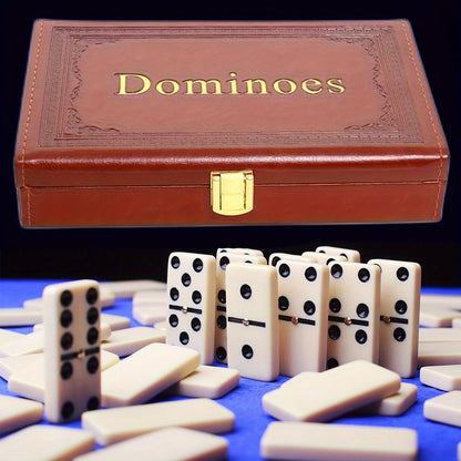 Strategyify Double 6 Dominoes Set with Spinners - 28 Ivory Tiles in Brown Leatherette Case, Classic Family Game for Adults, Portable Travel Gift Set