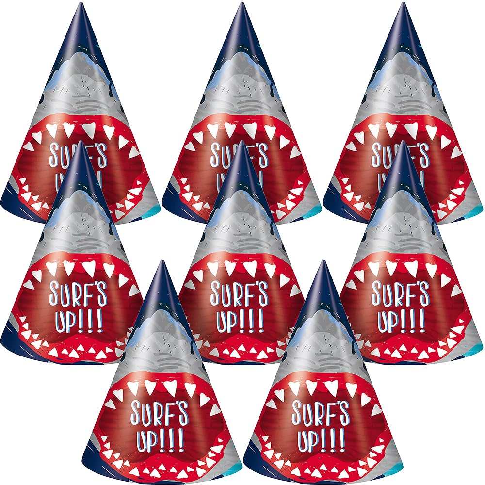 Unique Shark Party Cone Hats - One Size, 8 Pcs