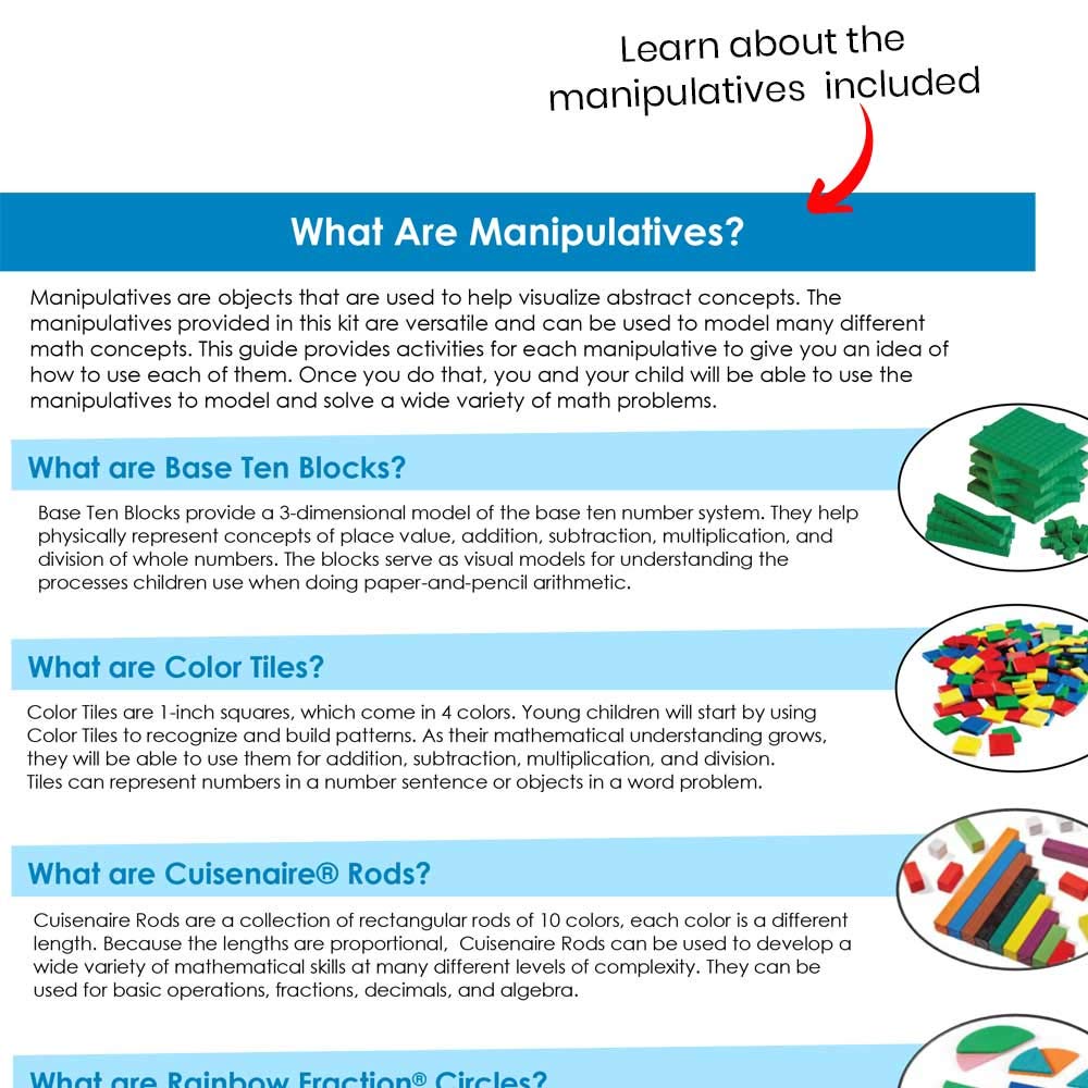 hand2mind - 93539 Take Home Math Manipulatives Kit for Kids, with Snap Cubes, Base Ten Blocks, Cuisenaire Rods, Angle Circles, and Color Tiles