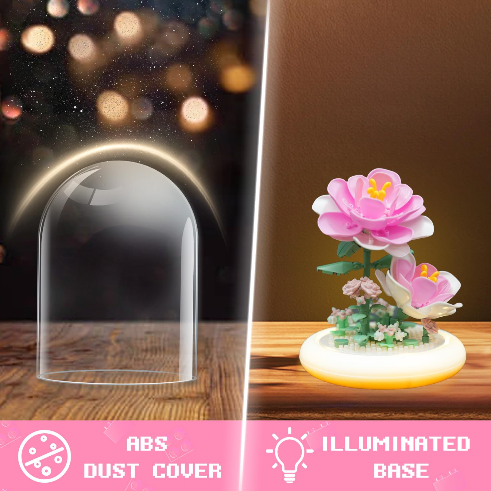 80S Pink Roses Building Toy Set, 158 Pieces with Lighted Base, ABS Dust-Proof Shell, DIY Gift for Kids & Adults, Perfect for Mother’s Day, Birthday