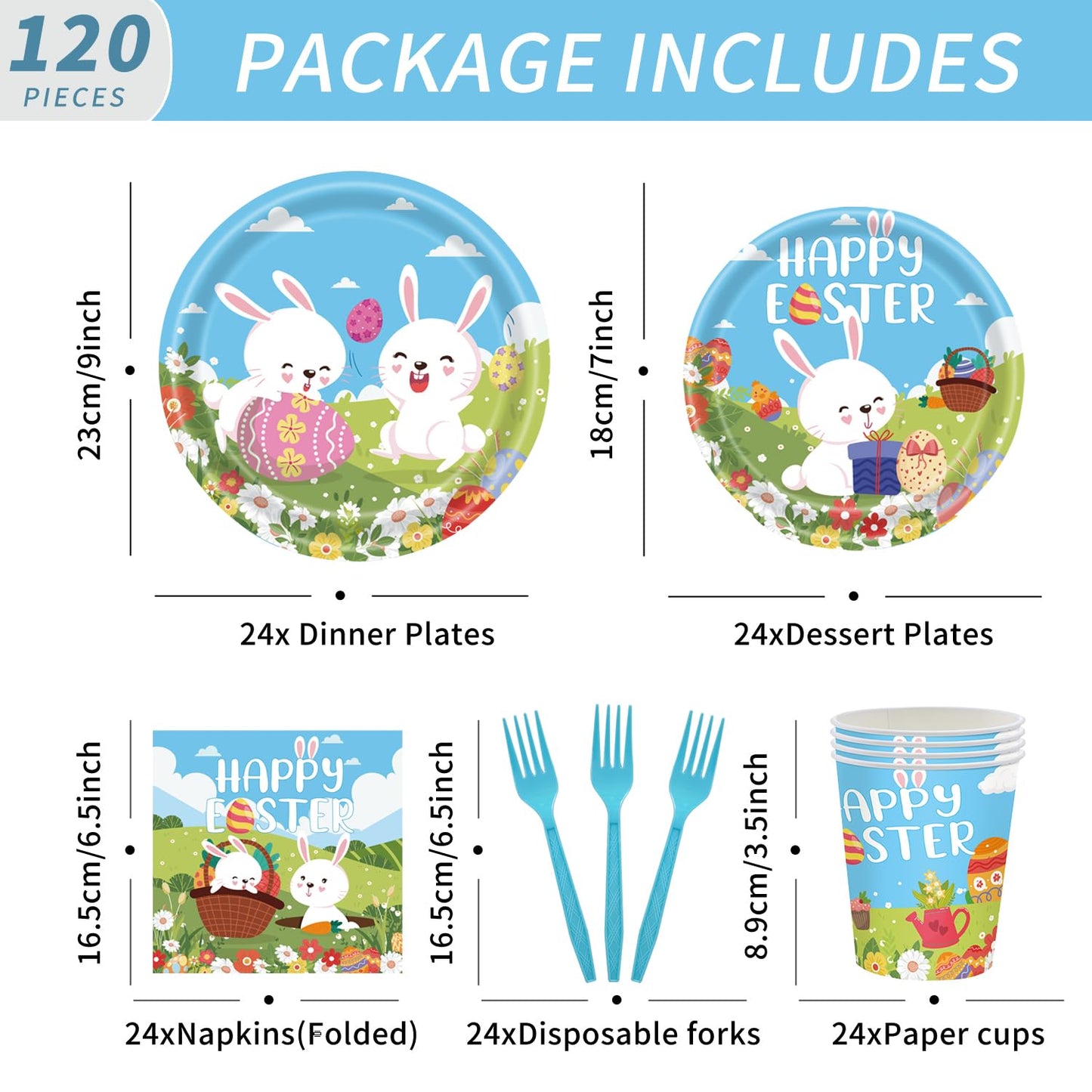 MYFEST 120pcs Easter Plates and Napkins Tableware Set, Happy Easter Disposable Plates Napkins Forks and Cups for Bunny Party Decorations and Supplies