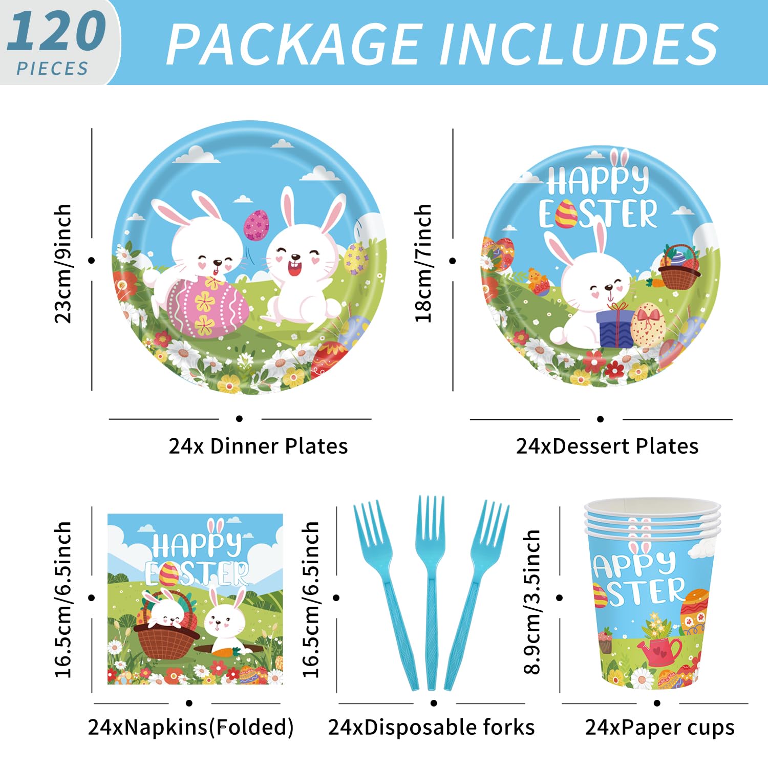 MYFEST 120pcs Easter Plates and Napkins Tableware Set, Happy Easter Disposable Plates Napkins Forks and Cups for Bunny Party Decorations and Supplies