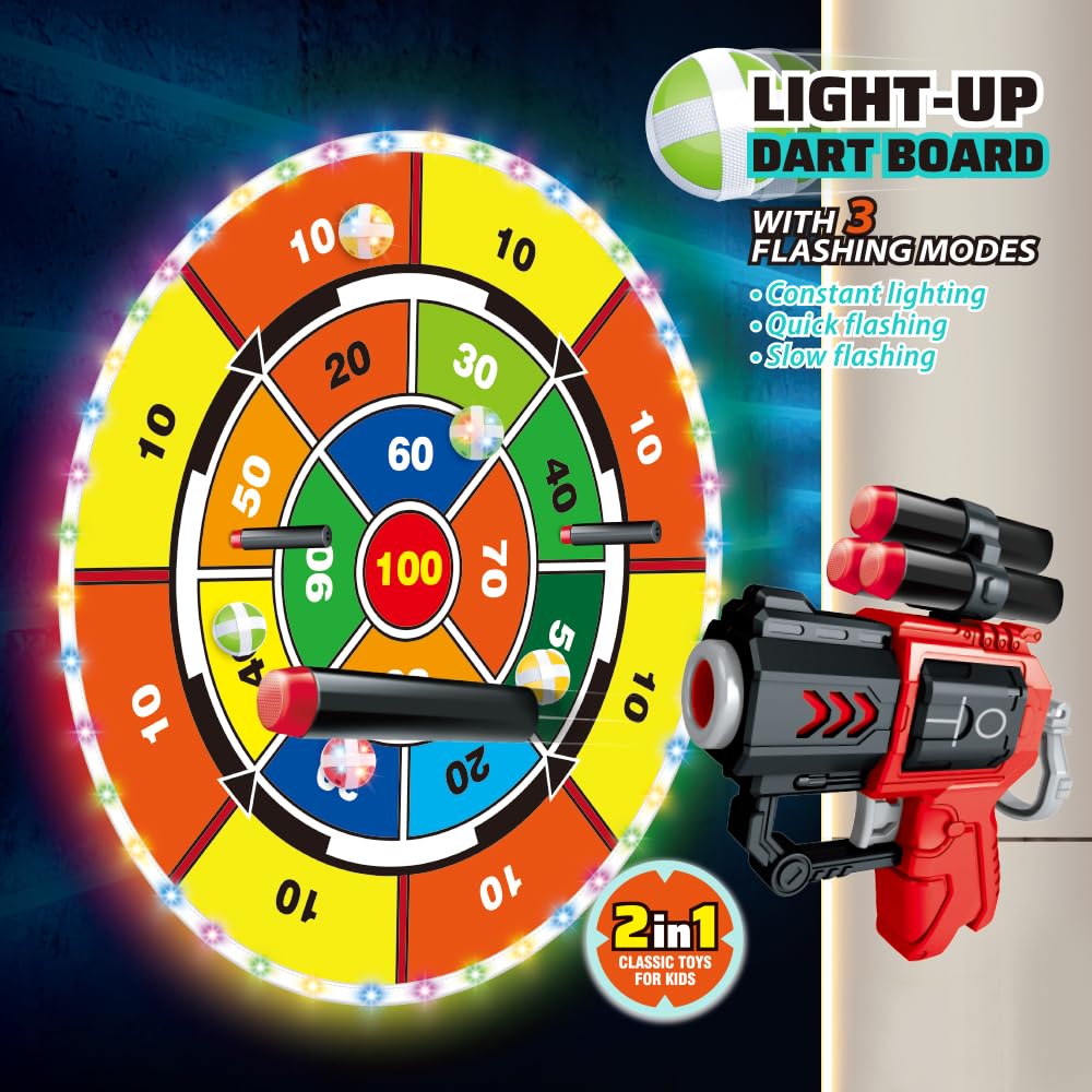 Light Up Dart Board for Kids | Large 29" Shooting Game with 2 Toy Guns & 20 Soft Foam Bullets | Game Room Dartboard | Indoor & Outdoor Wall Games |