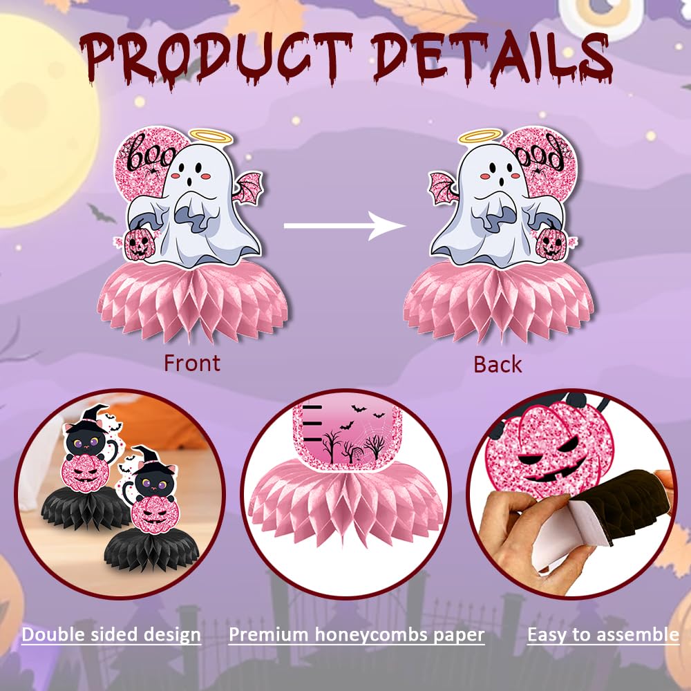 10pcs Halloween Tables Centerpieces, Pink Baby Shower Honeycomb Centerpieces Halloween Gender Reveal Party Decorations Ghost Bat Skull Pumpkin Table