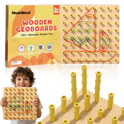 Wooden Geoboard with Stackable Pegs - 2 in 1 Montessori Peg Board Toy with 68Pcs Wood Pegs for 3 4 5 6 Year Old Kids - Fine Motor STEM Building Set