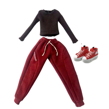 Doll Clothes Outfit Set for 11.5-12 Inch Fashion Dolls, Brown Raglan Top with red Jogger Pants and Sneakers (red Set)