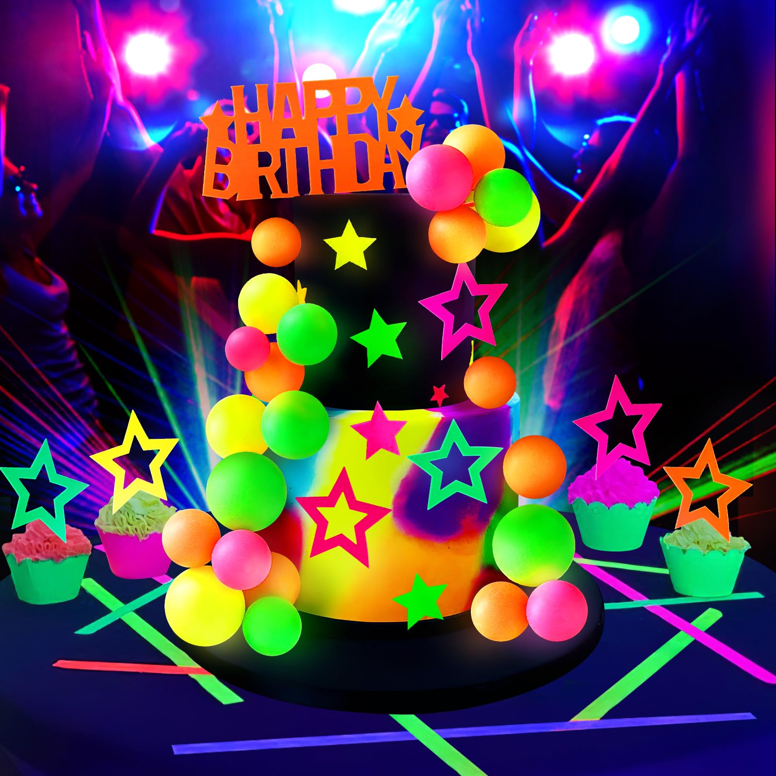53pcs Neon Cake Decorations Glow Cake Toppers with Ball Star and Happy Birthday Toppers UV Reactive Party Decorations for Neon Cakes Black Light