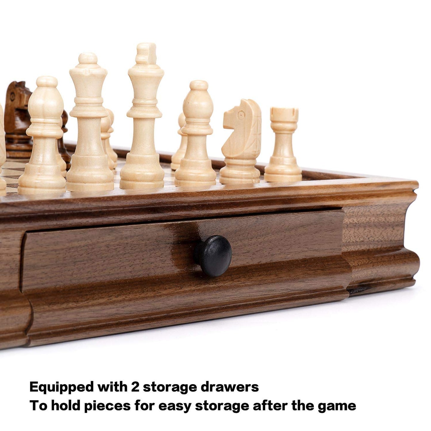 AMEROUS Magnetic Wooden Chess Set, 12.8" x 12.8" Walnut Chess Board Game with 2 Built-in Storage Drawers - 2 Bonus Extra Queens - Chess for Beginner
