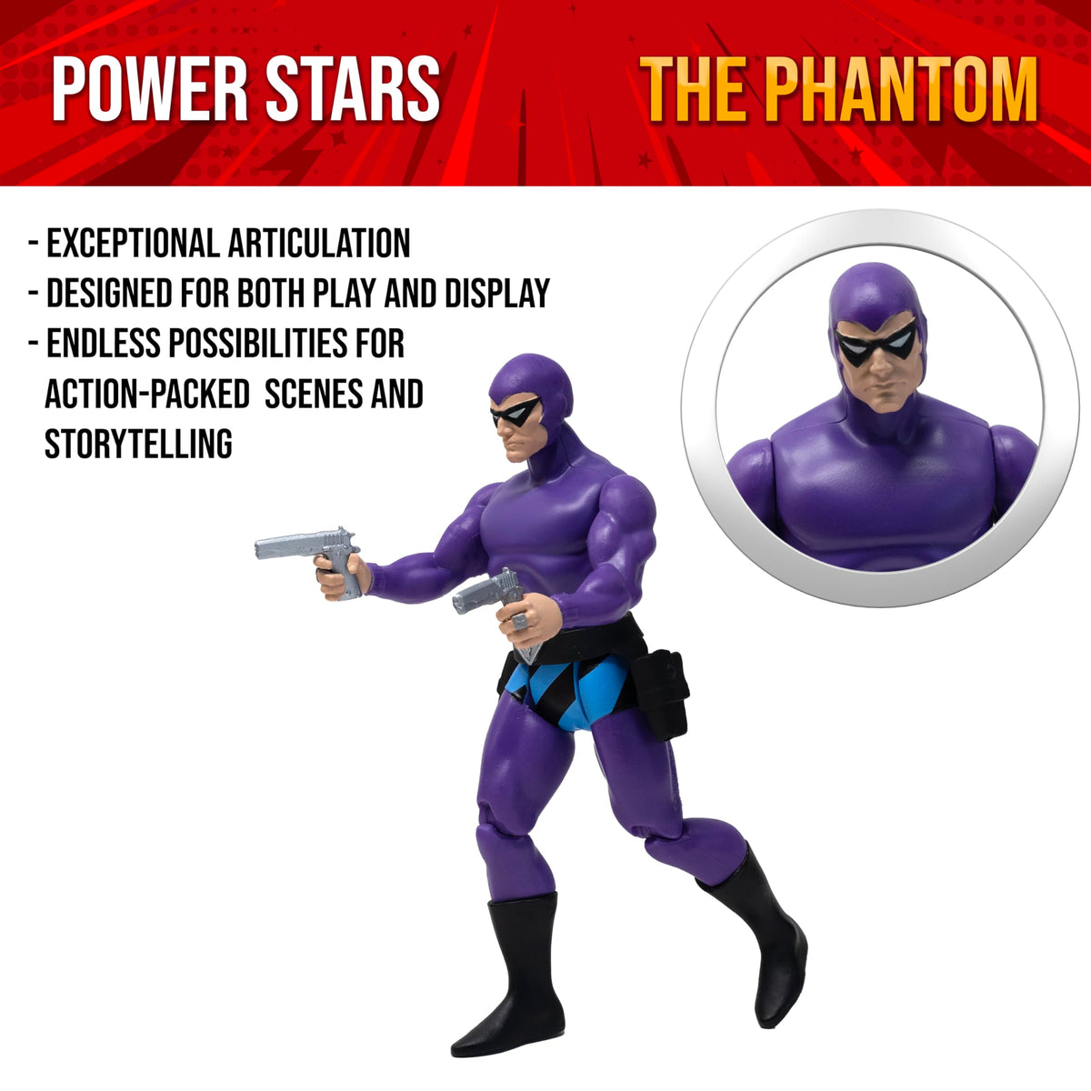 Boss Fight Studio The Phantom, King Features Comics Power Stars Collectible Action Figure - Retro-Style Figurine with Accessories, Detailed Sculpting