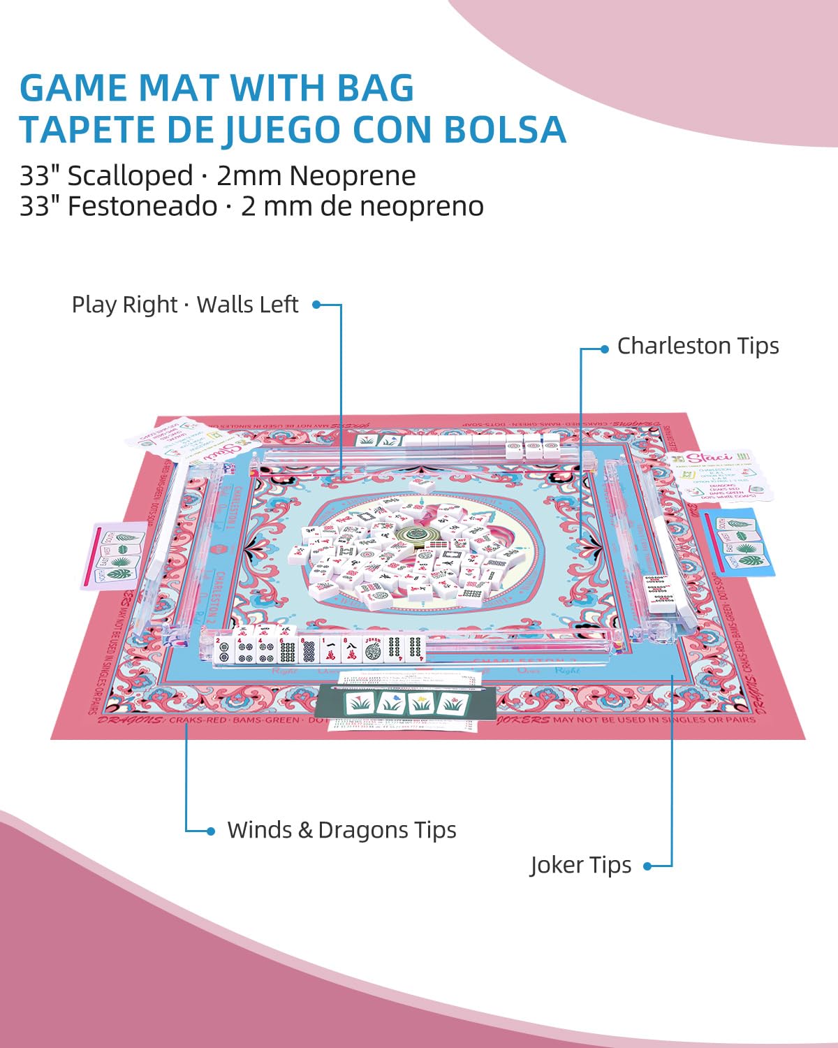 33" Aesthetic Mahjong Mat with Rules for Table (Rolled, Blue Peony)