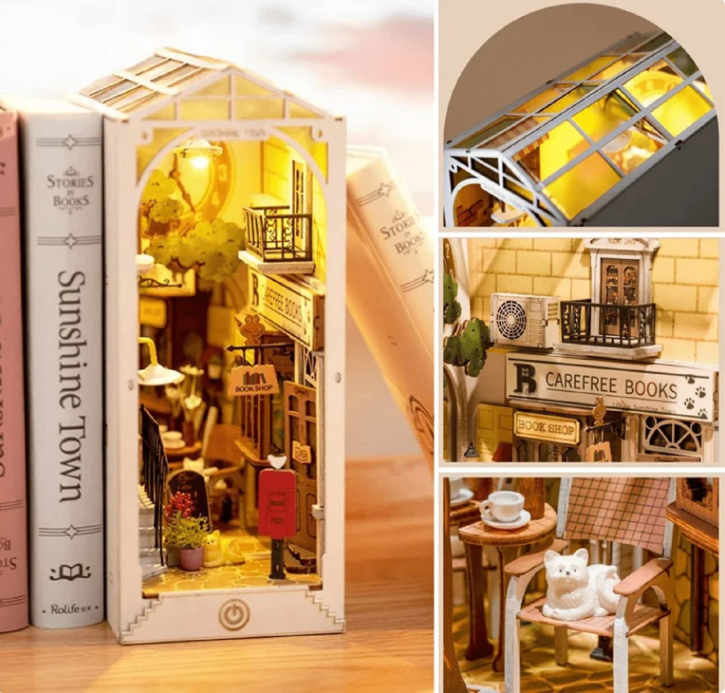 Rolife DIY Book Nook Kit Sunshine Town, DIY Miniature Booknook Kit Creative Decorative Bookend Bookshelf Insert 3D Puzzles for Adults