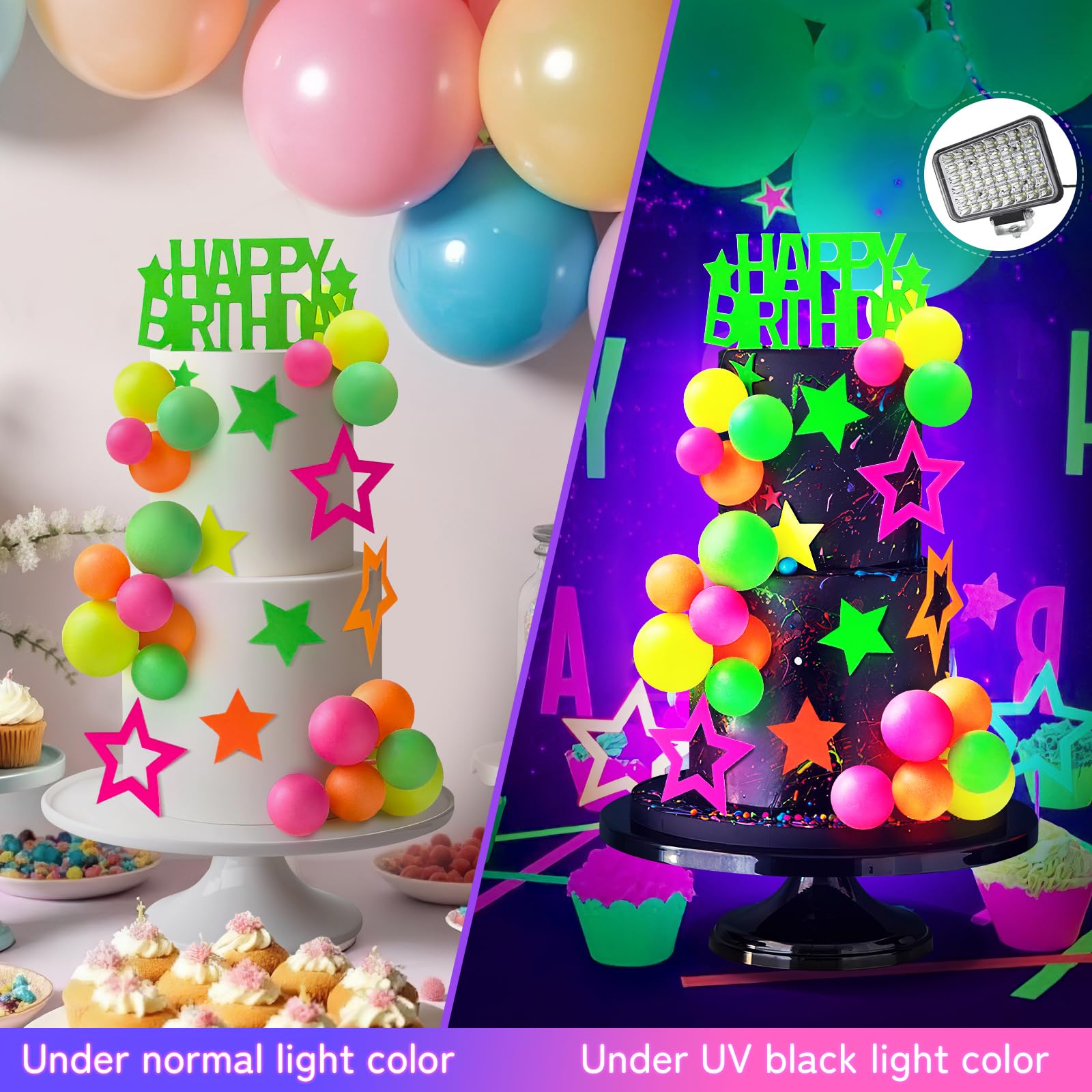 53pcs Neon Cake Decorations Glow Cake Toppers with Ball Star and Happy Birthday Toppers UV Reactive Party Decorations for Neon Cakes Black Light