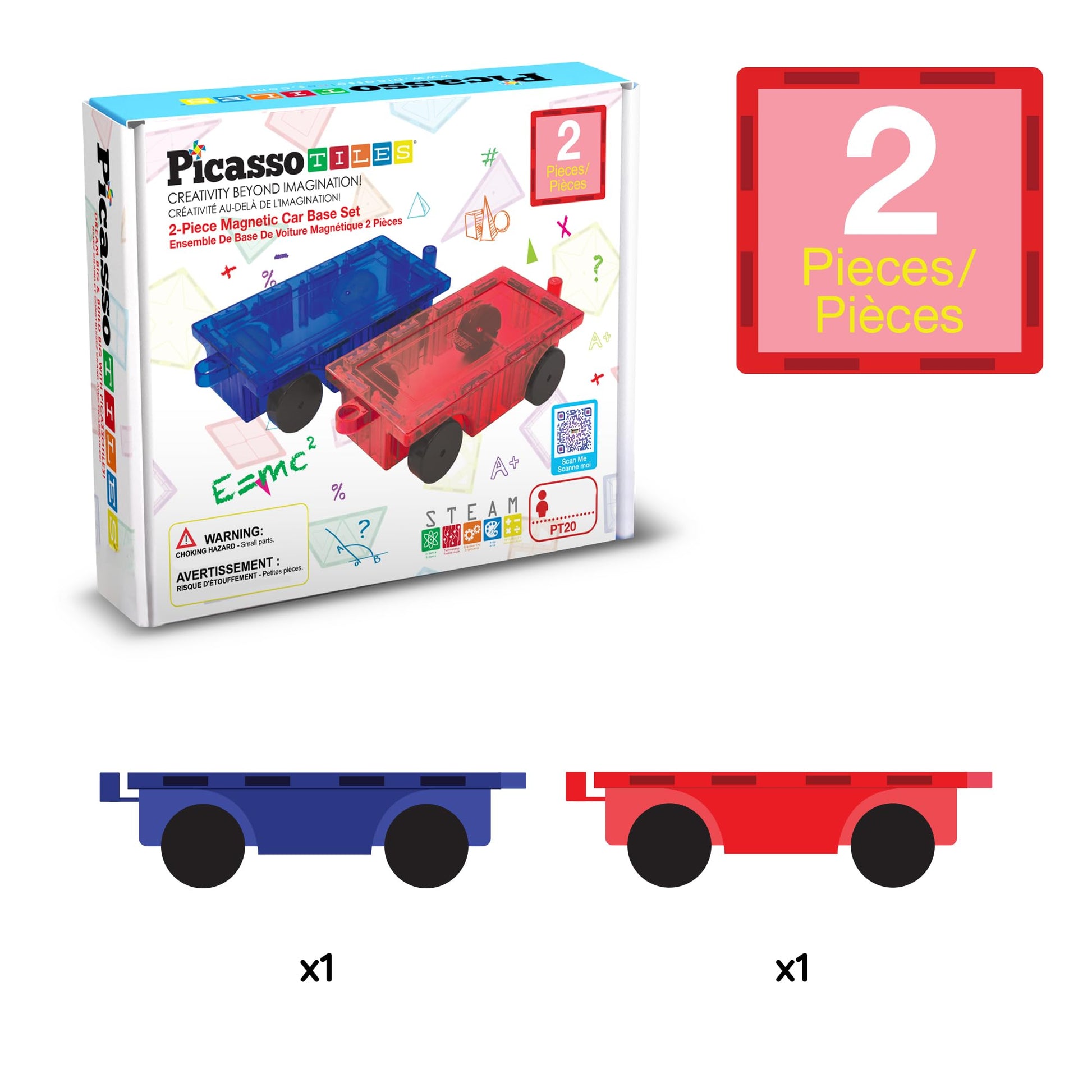 PicassoTiles 2 Piece Car Truck Construction Kit Toy Set Vehicle for Magnetic Blocks Building Tile Sensory Magnet Toys with Re-Enforced Hitch & Long