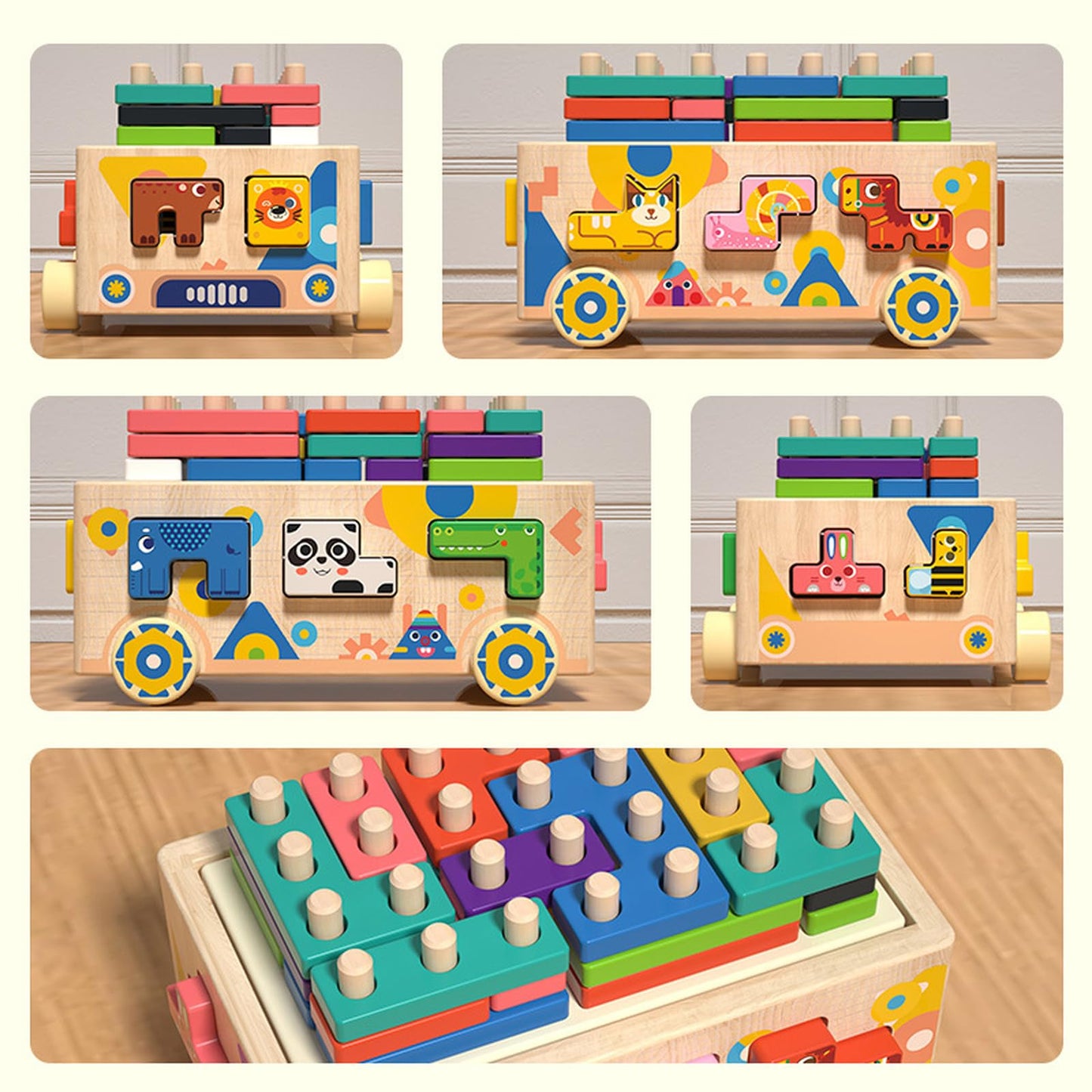 Wooden Montessori Toddler Toy Car Animal Shape Sorting & Peg Stacking Blocks Educational Learning Toy for Toddlers Ages 2-4 Fine Motor Skills
