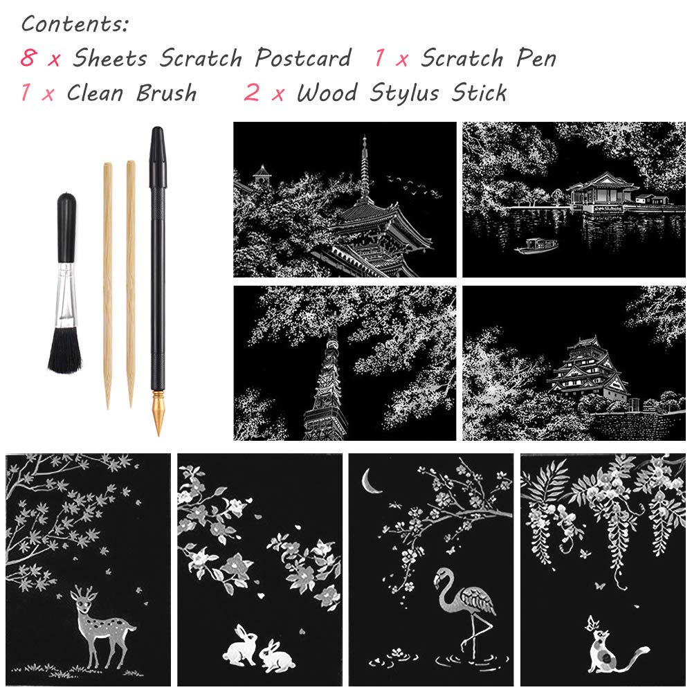 Scratch Paper Art Set, 8 Sheets Rainbow Painting Scratch Off Art Cherry Blossom & Animal Mini Postcard, Art Craft Supplies for Adults Girls & Boys