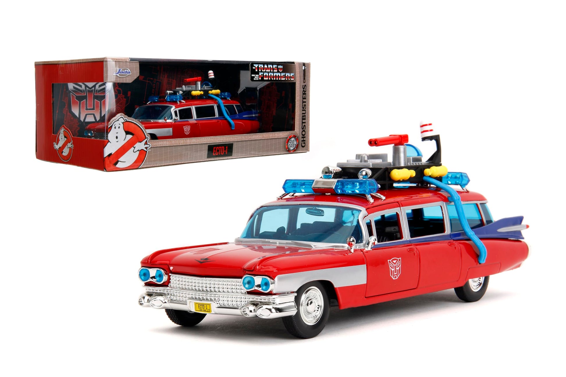 Jada Toys 1:24 Ghostbusters Ecto-1 Mashup with Optimus Prime G1 Graphics Die-Cast Car, Detailed Exterior, Authentic Mashup Collectible Ages 8+