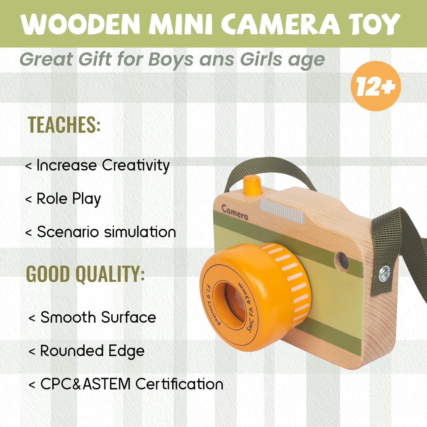 Wooden Mini Pretend Camera Toy with Real Sounds and Light for Toddlers 3 Years Old, Neck Hanging Photographed Props for Boys Girls Children Kids