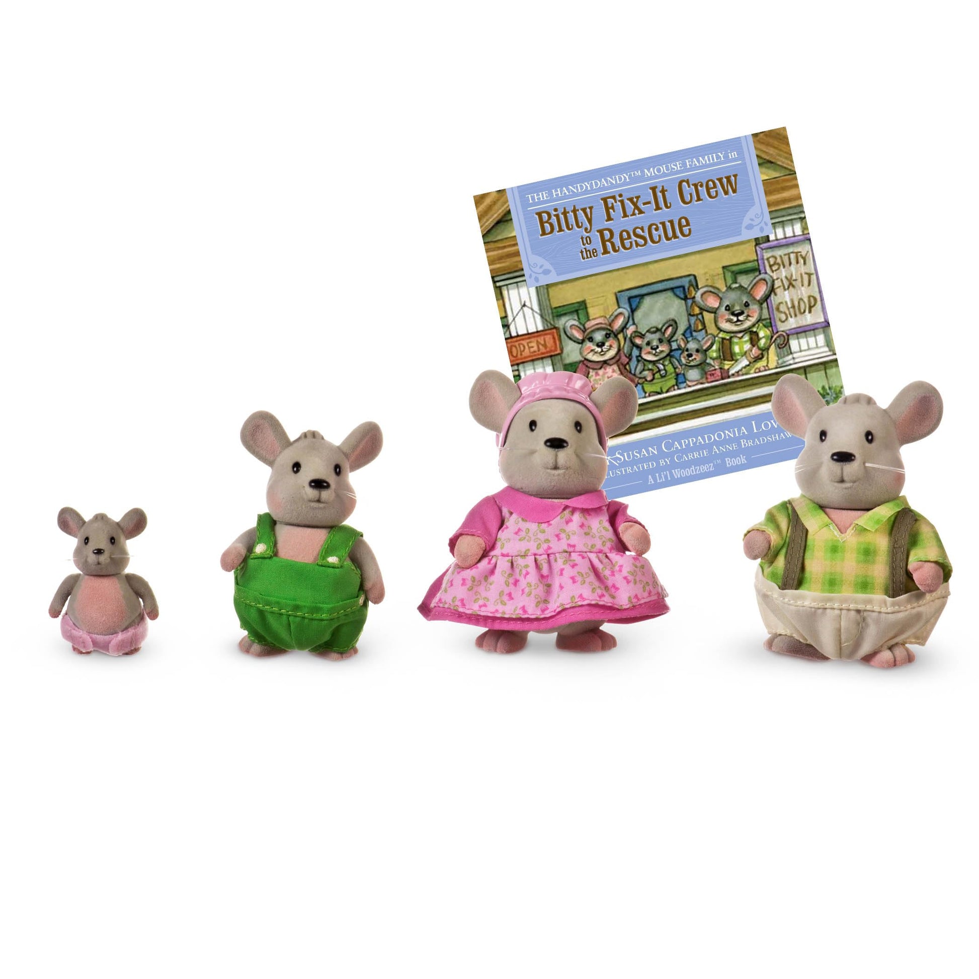 Li'l Woodzeez Handydandy Mice Family Set, 4 Figures and Storybook, Playsets
