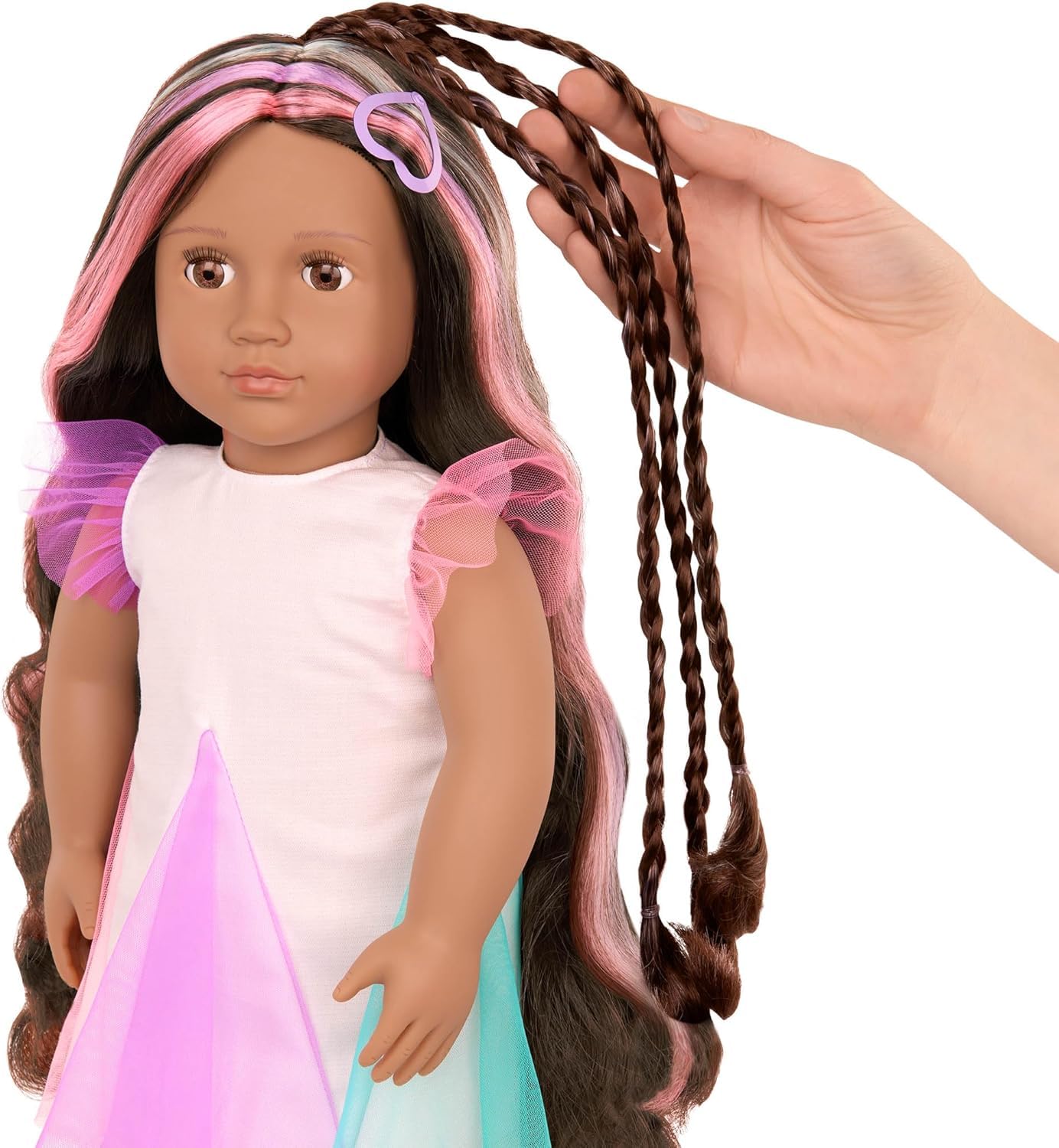 Our Generation - 18-inch Hair Grow Doll - Lifelike Brown Eyes & Ultra-Long Rainbow Hair - Extendable Braid & Styling Accessories - Pretend Play