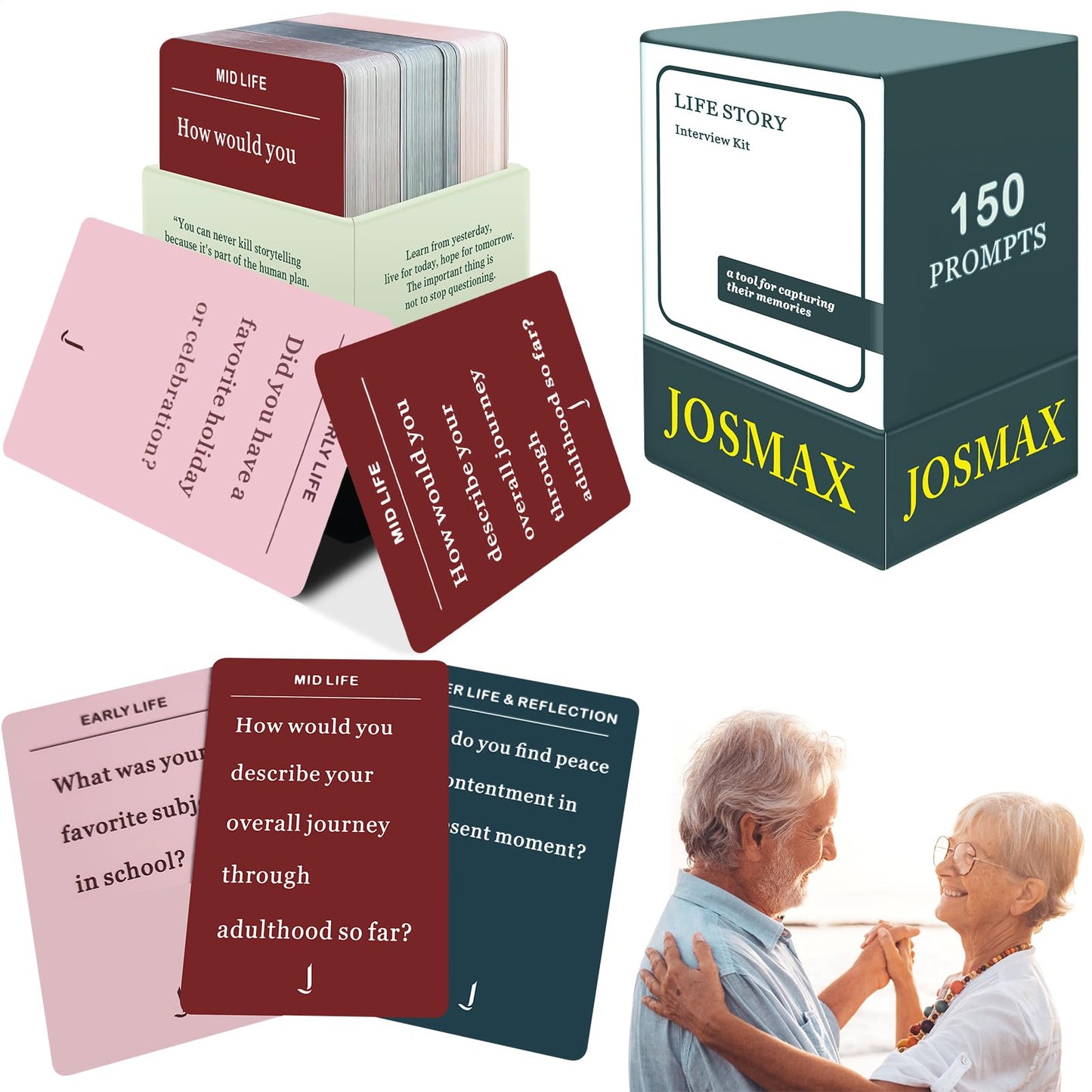 JOSMAX 150 Pcs Life Story Interview Kit Cards, Family Conversation Card, Life Story Interview Kit, Get to Know Parents and Grandparents for Family