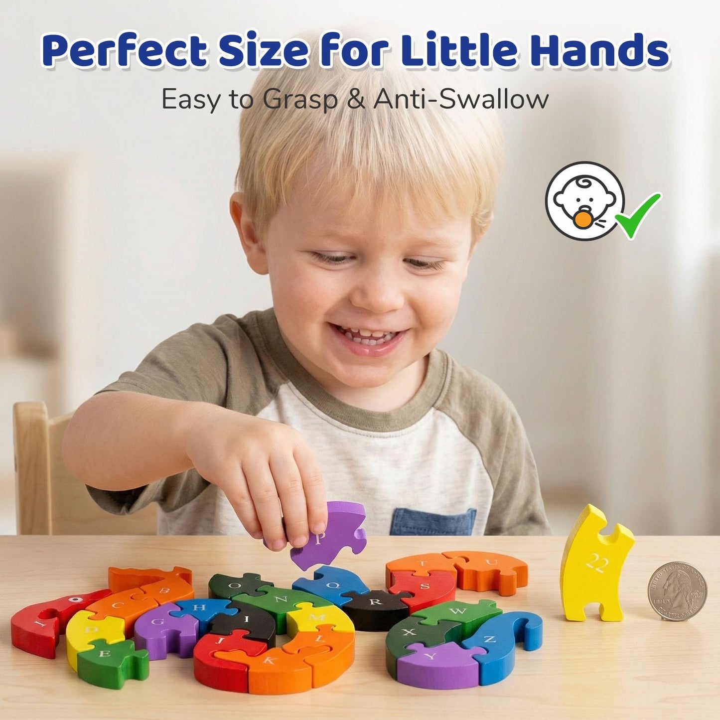 LovesTown Wooden Puzzles for Kids, Double Sided Snake Jigsaw with Alphabet & Numbers, Montessori Educational Toy for Toddlers, Chunky Animal Gift
