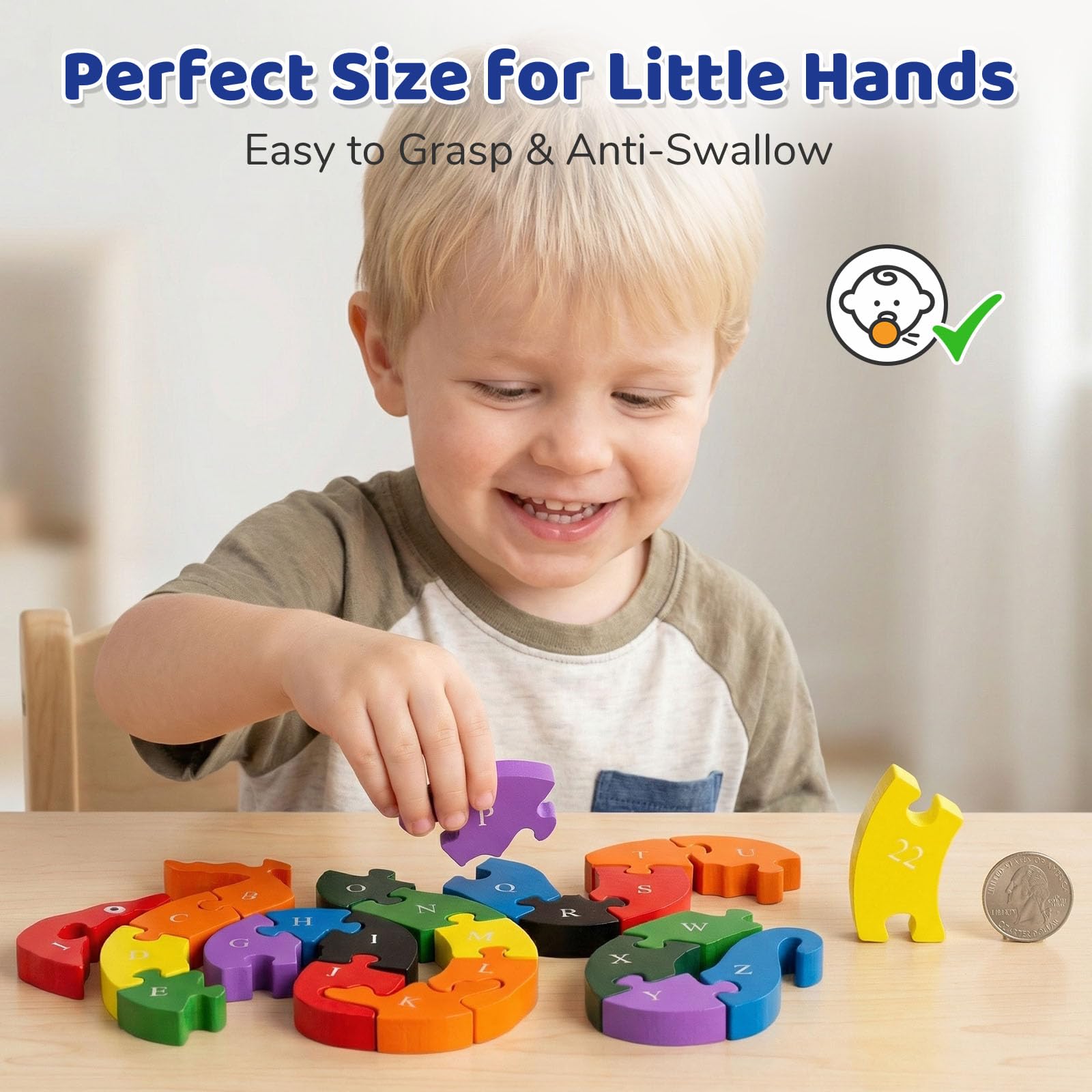 LovesTown Wooden Puzzles for Kids, Double Sided Snake Jigsaw with Alphabet & Numbers, Montessori Educational Toy for Toddlers, Chunky Animal Gift