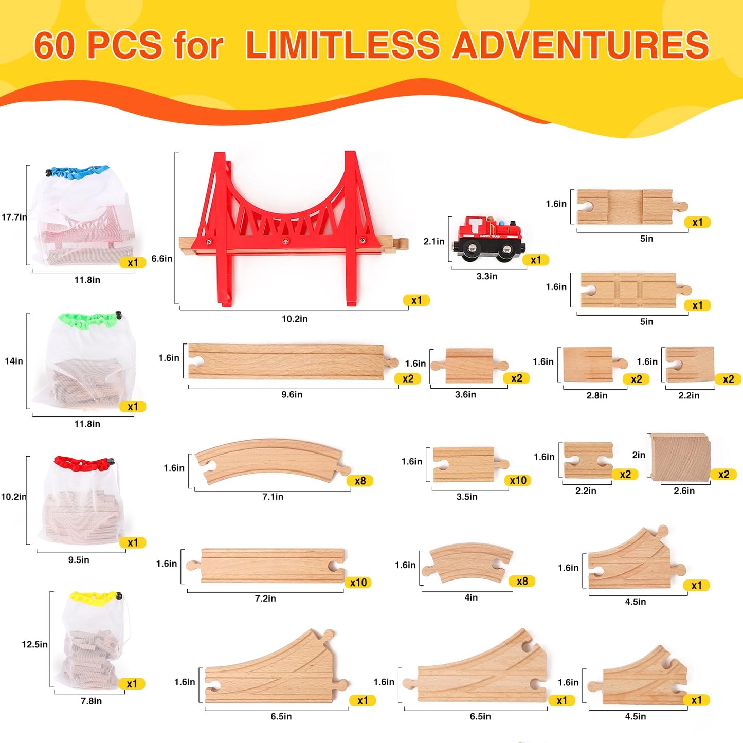 WudBudz Wooden Train Tracks 60 Piece Set, Track Expansion Accessories for Toddlers 3-5 - 100% Compatible with All Major Brands Including Thomas & Brio