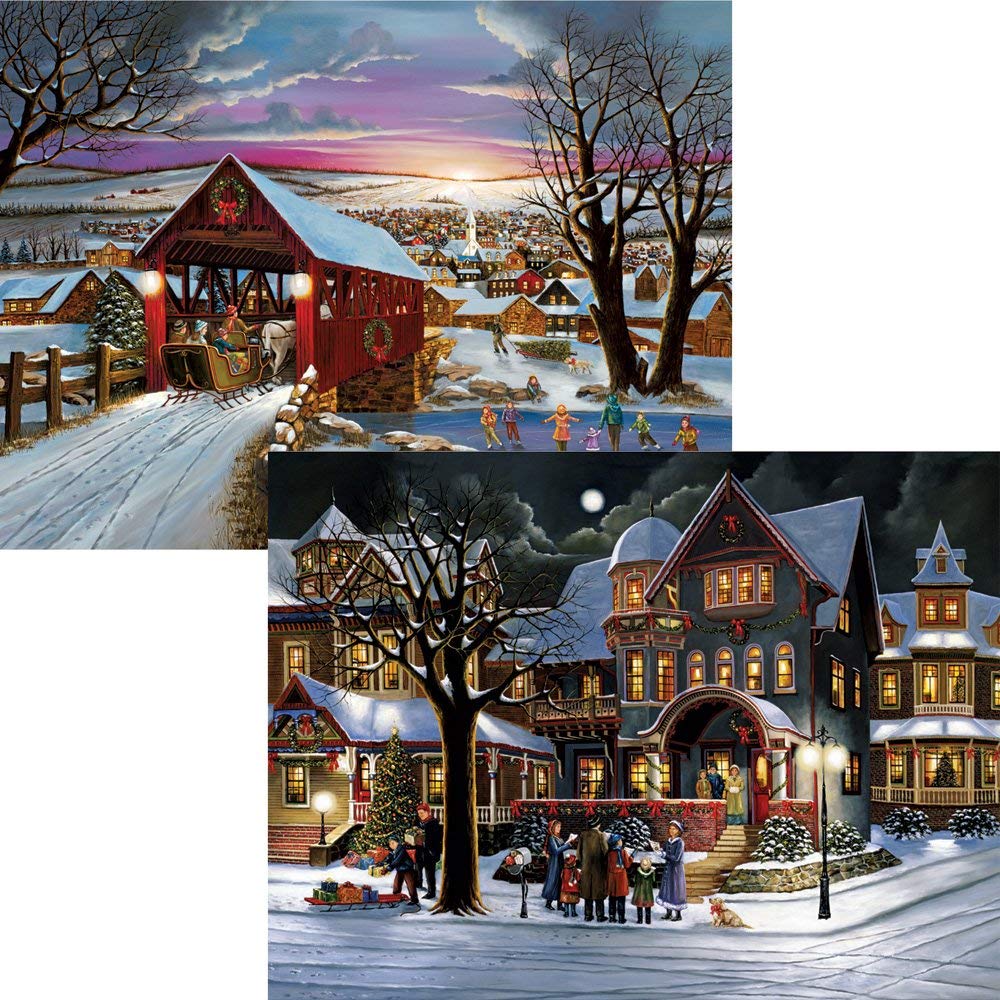 Bits and Pieces - Value Set of Two 500 Piece Jigsaw Puzzles for Adults - The Joys of Christmas, Winter Holiday Jigsaw Puzzles by Artist H. Hargrove