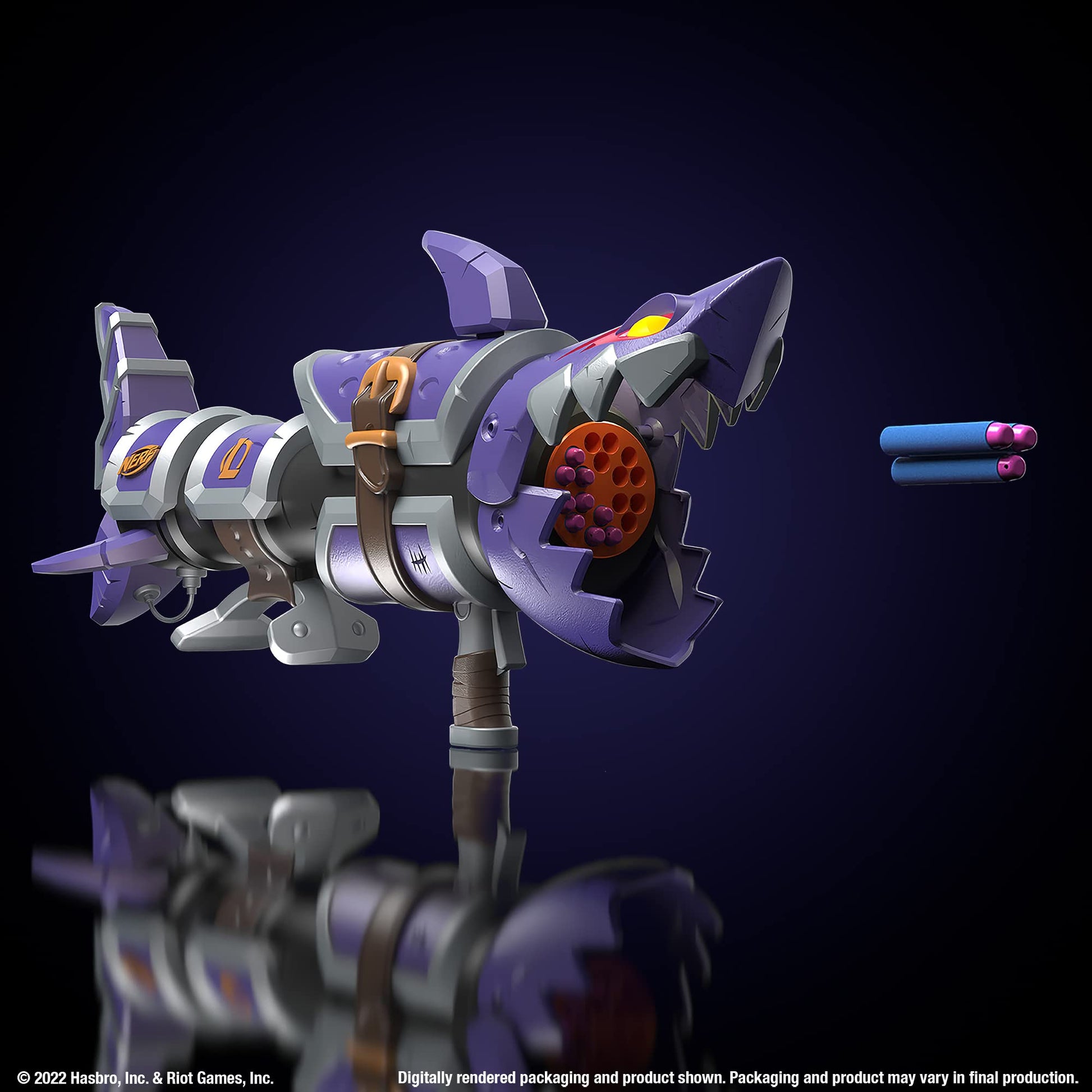 Nerf LMTD League of Legends Jinx Fishbones Blaster, 18 Dart Drum, 18 Elite Darts, 3 Dart Burst, Display Stand