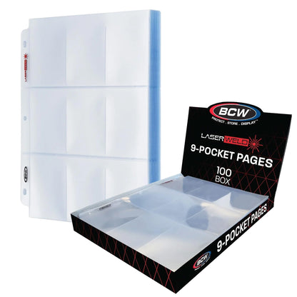 BCW LaserWeld 9 Pocket Pages - 100 Page Pack | Glass-Like Clear Flat Lay | Premium Ultra Flat and Clear Pocket Pages for Cards | Trading Card Binder