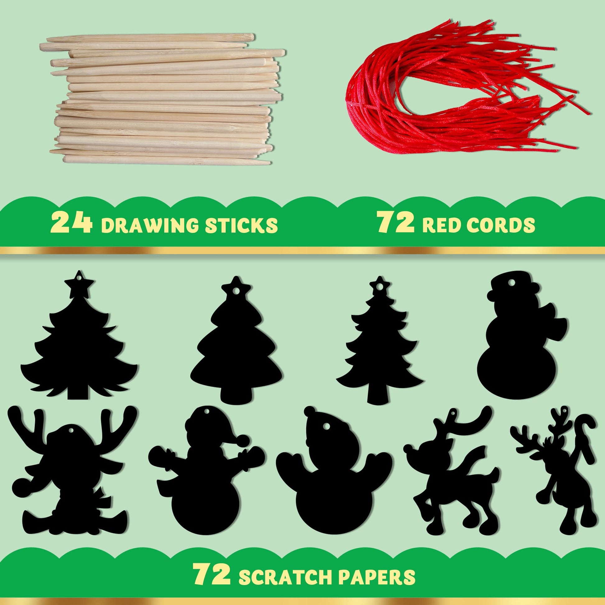 JOYIN 72 Pcs Christmas Scratch Art Ornaments, Rainbow Color Scratch Paper Craft Kit Include Snowman, Christmas Tree, and Reindeer, Scratch Off Hanging