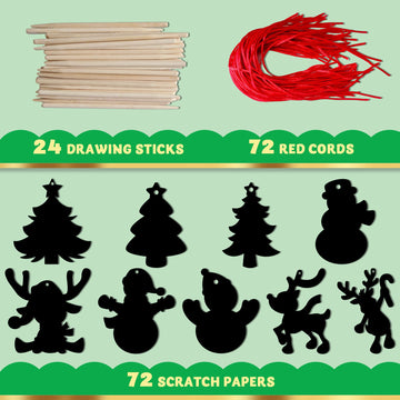 JOYIN 72 Pcs Christmas Scratch Art Ornaments, Rainbow Color Scratch Paper Craft Kit Include Snowman, Christmas Tree, and Reindeer, Scratch Off Hanging