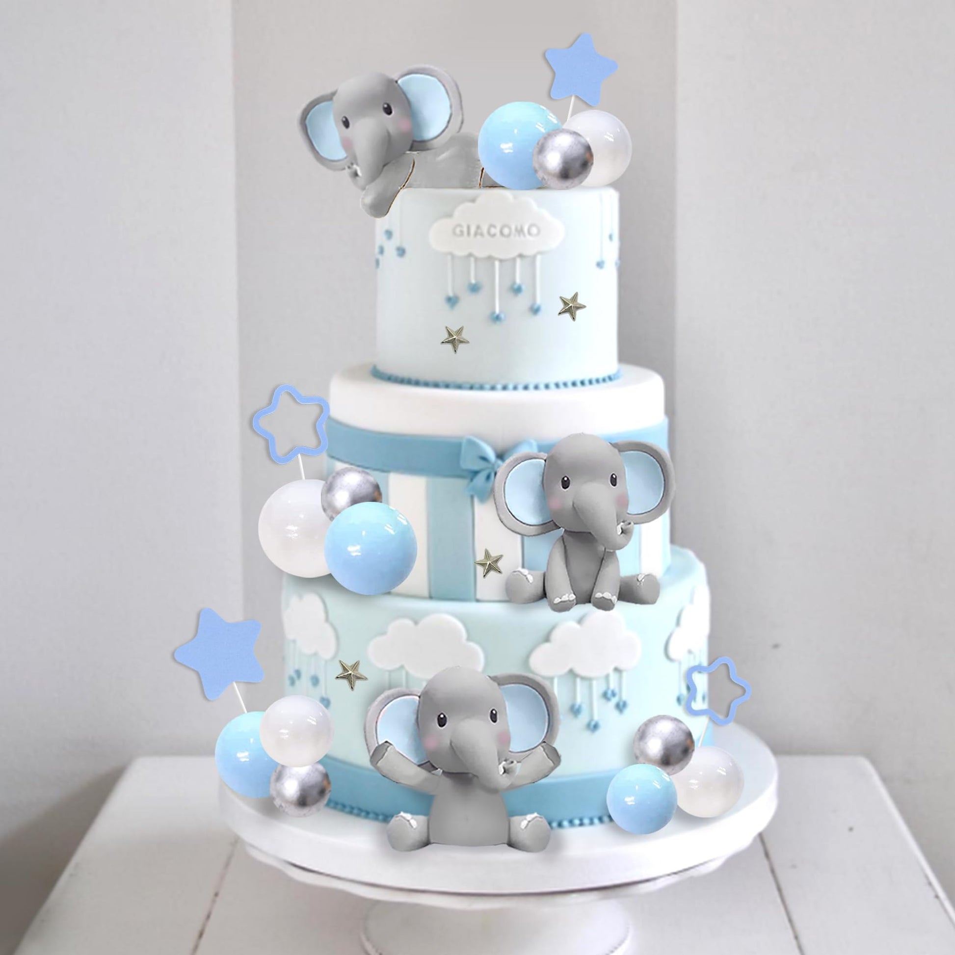 32 PCS Elephant Cake Decoration with Mini Elephant Blue White Pearl Balls for Elephant Theme Birthday Supplies (BLUE)