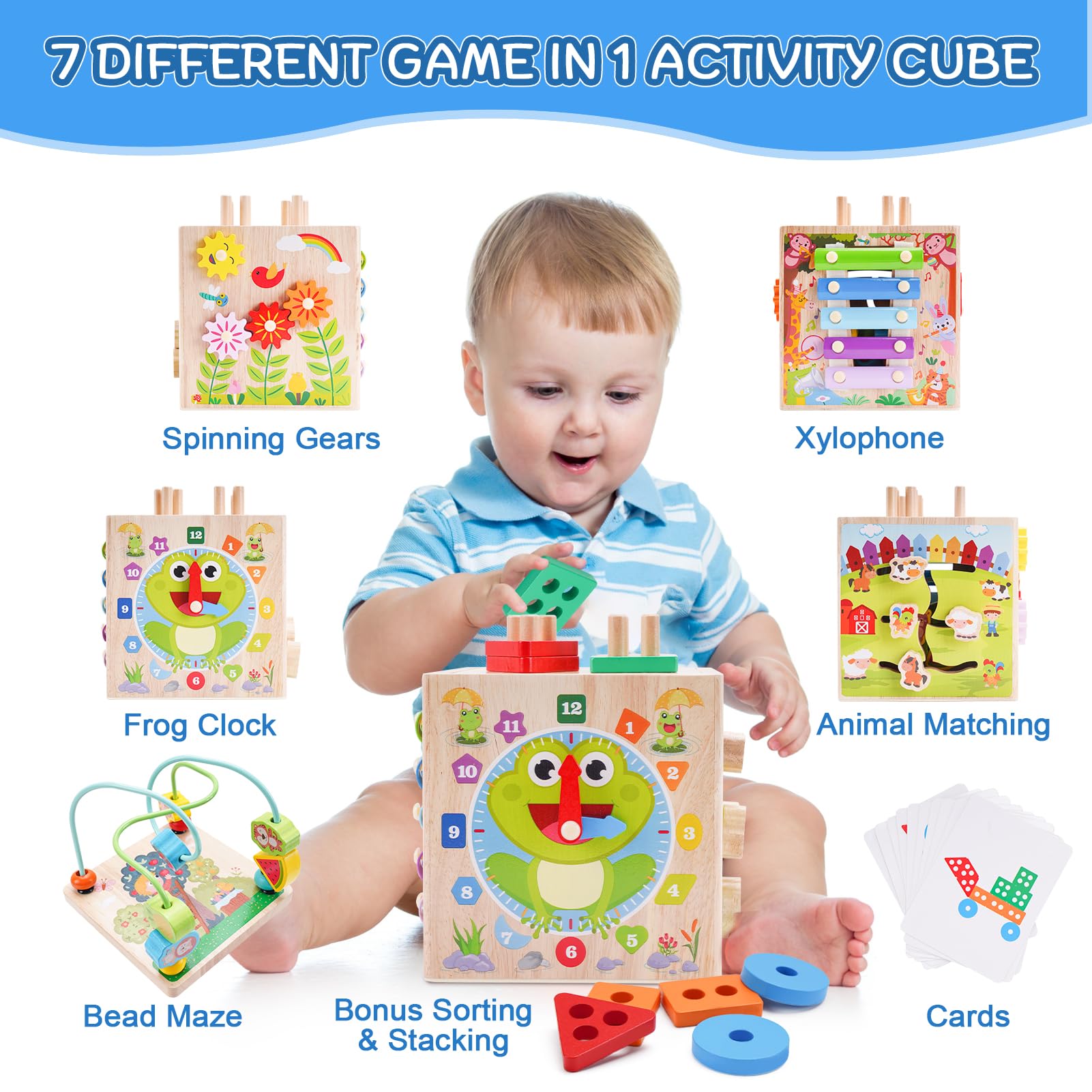Wooden Activity Cube | Montessori Toys for 1 2 3 Year Old Toddlers | One Year Old 1st First Birthday Gift | Educational Toys for 12+ Months Baby Boys