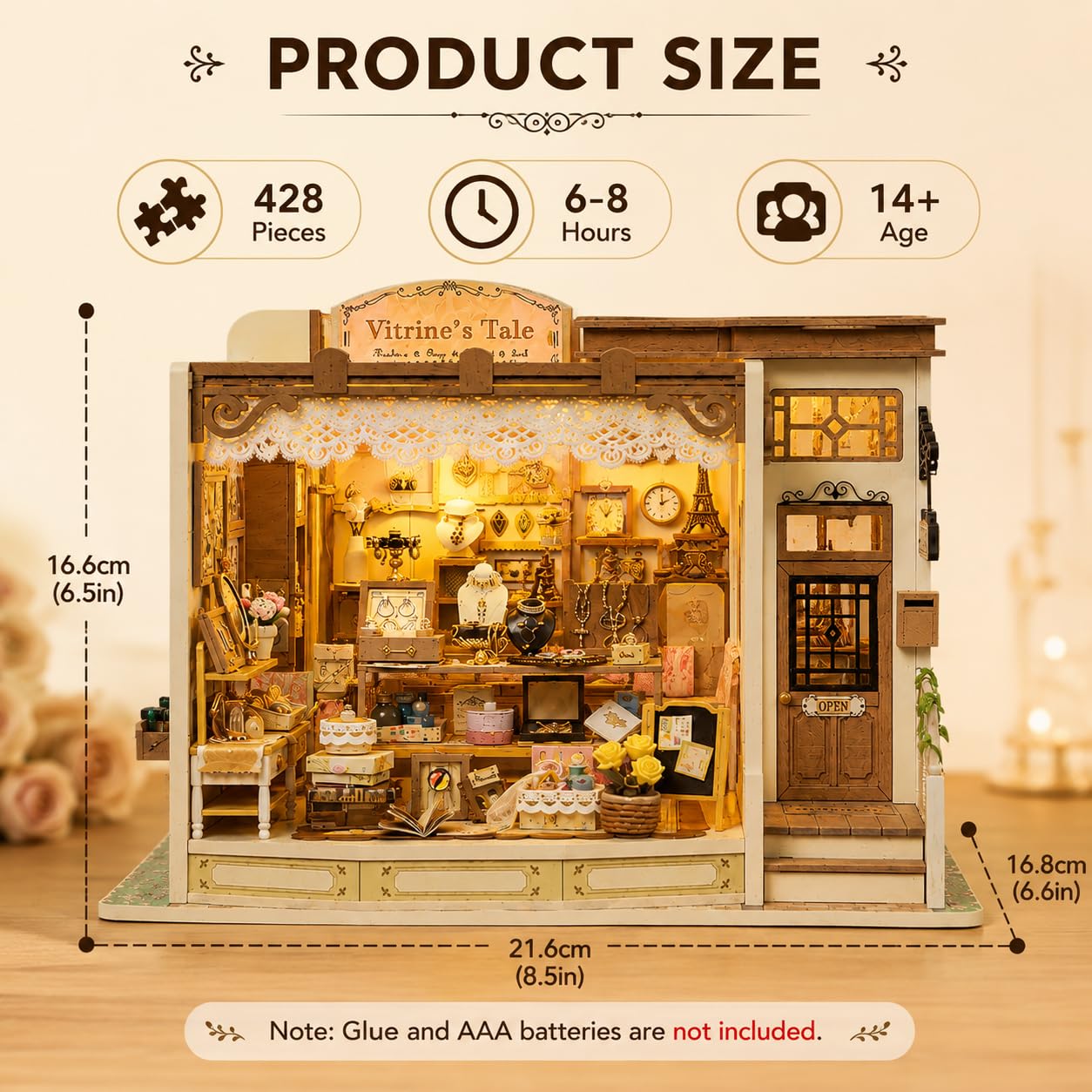 DIY Miniature House Kit, 428 PCS Jewelry Shop DIY Book Nook Kit with LED, 3D Wooden Puzzle Miniature Doll House Kit for Arts and Crafts Decor - Unique