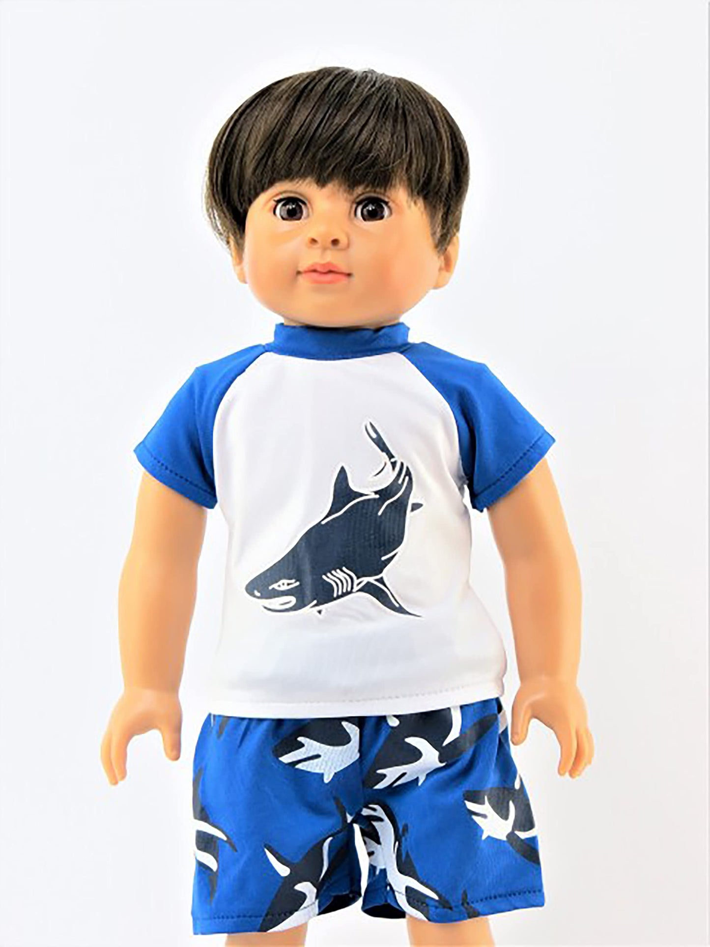 American Fashion World Shark Rash Guard and Swim Trunks Bathing Suit for 18-Inch Dolls | Accessories Included | Dolls Clothes | Outfit Fashions for