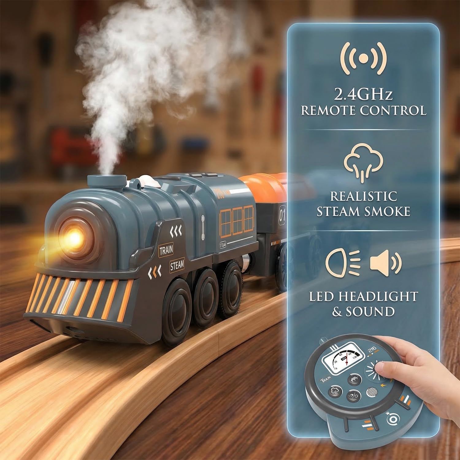 Remote Control Steam Train for Wooden Tracks - RC Train Set with Realistic Smoke, Lights & Sound, Motorized Toy Train Compatible with Thomas