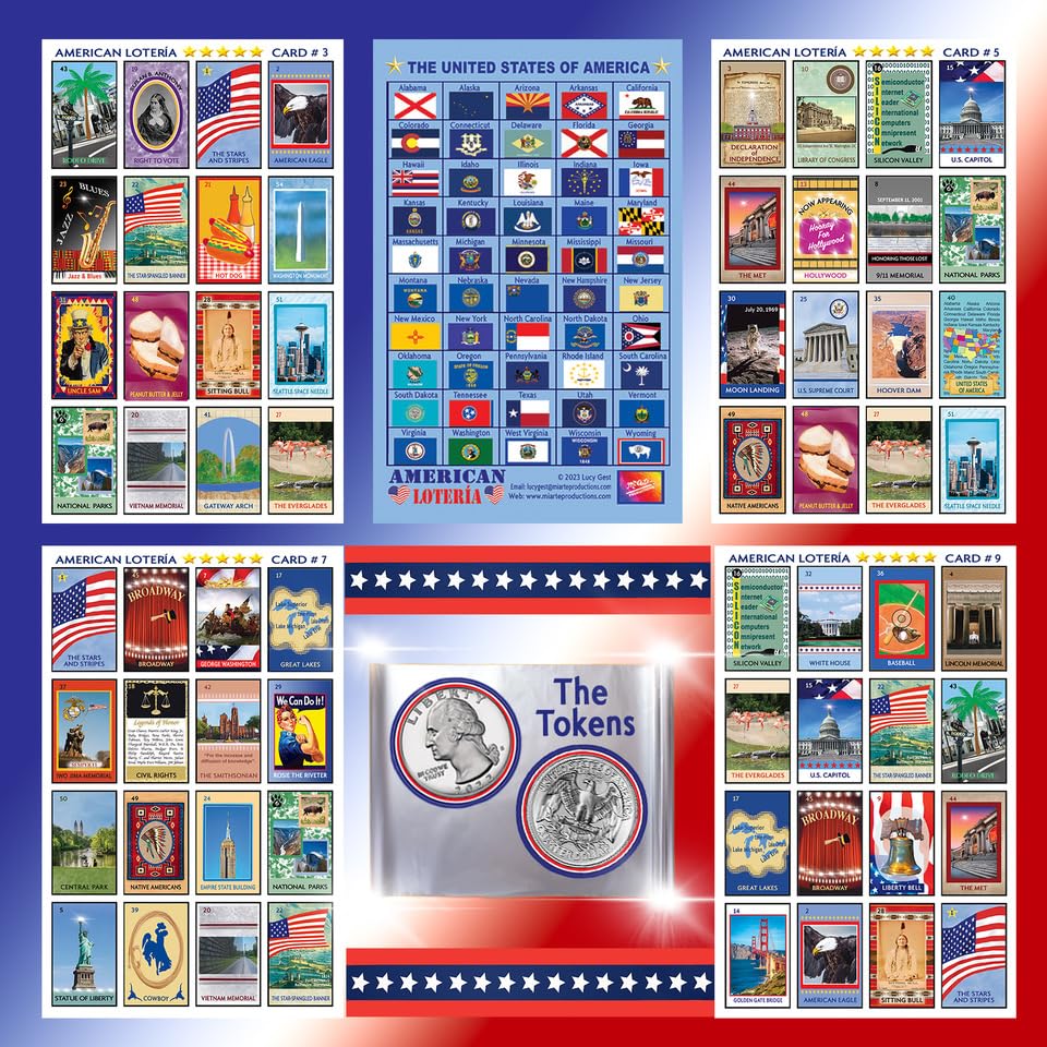 MI ARTE PRODUCTIONS American Loteria Fun Bingo Game for All Patriotic Colorful Loteria Cards Tokens - 54 Illustrated Cards - 3-10 Players Ages 7+