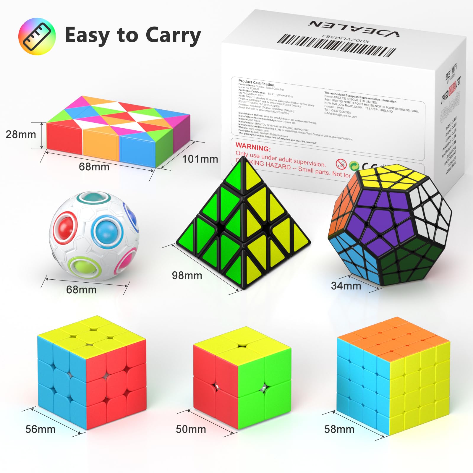 Vdealen Speed Cube Set, 7 Pack Puzzle Cube Bundle Fidget Ball 2x2 3x3 4x4 Pyramid Dodecahedron Rainbow Snake Magic Cube, Smooth Cube Game Toys Gift