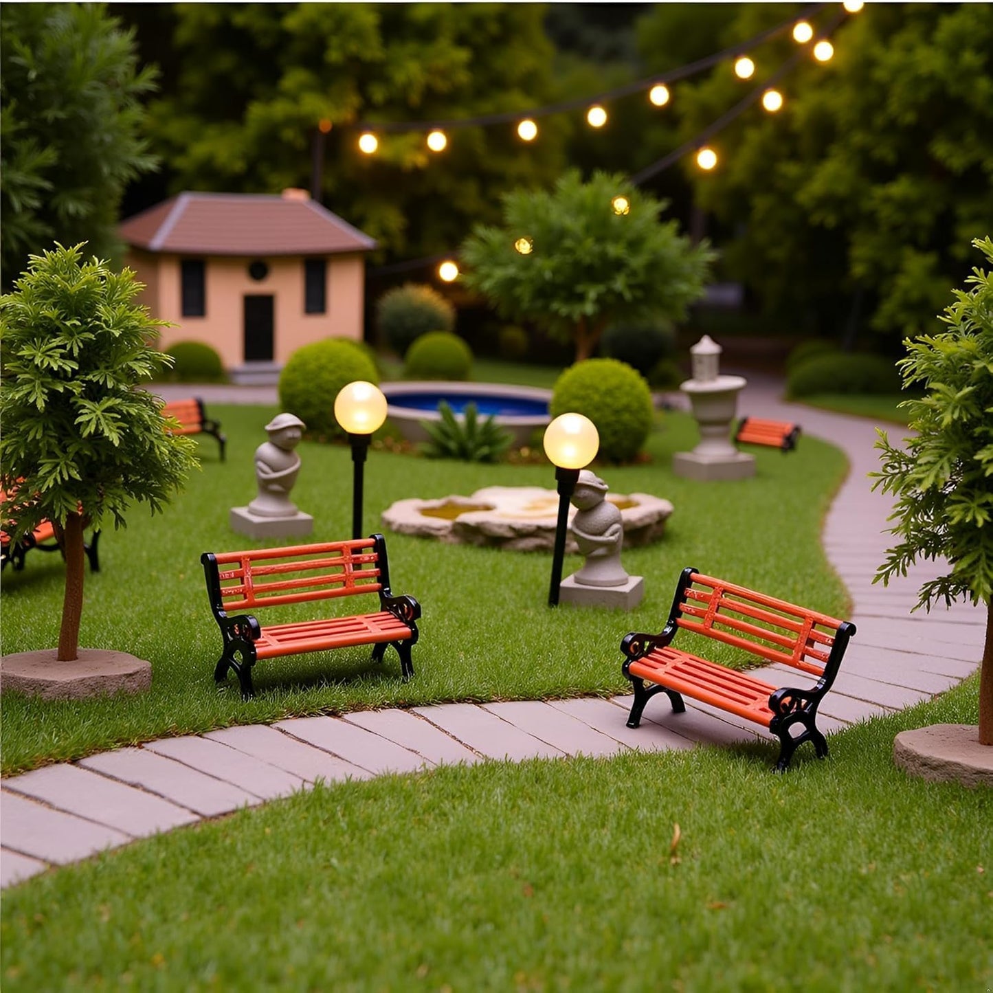 Miniature Park Bench Set 2-Pack - 1:12 Scale Brown Garden Seats with Realistic Detailing, Tiny Park Benches for Dollhouse and Fairy Garden