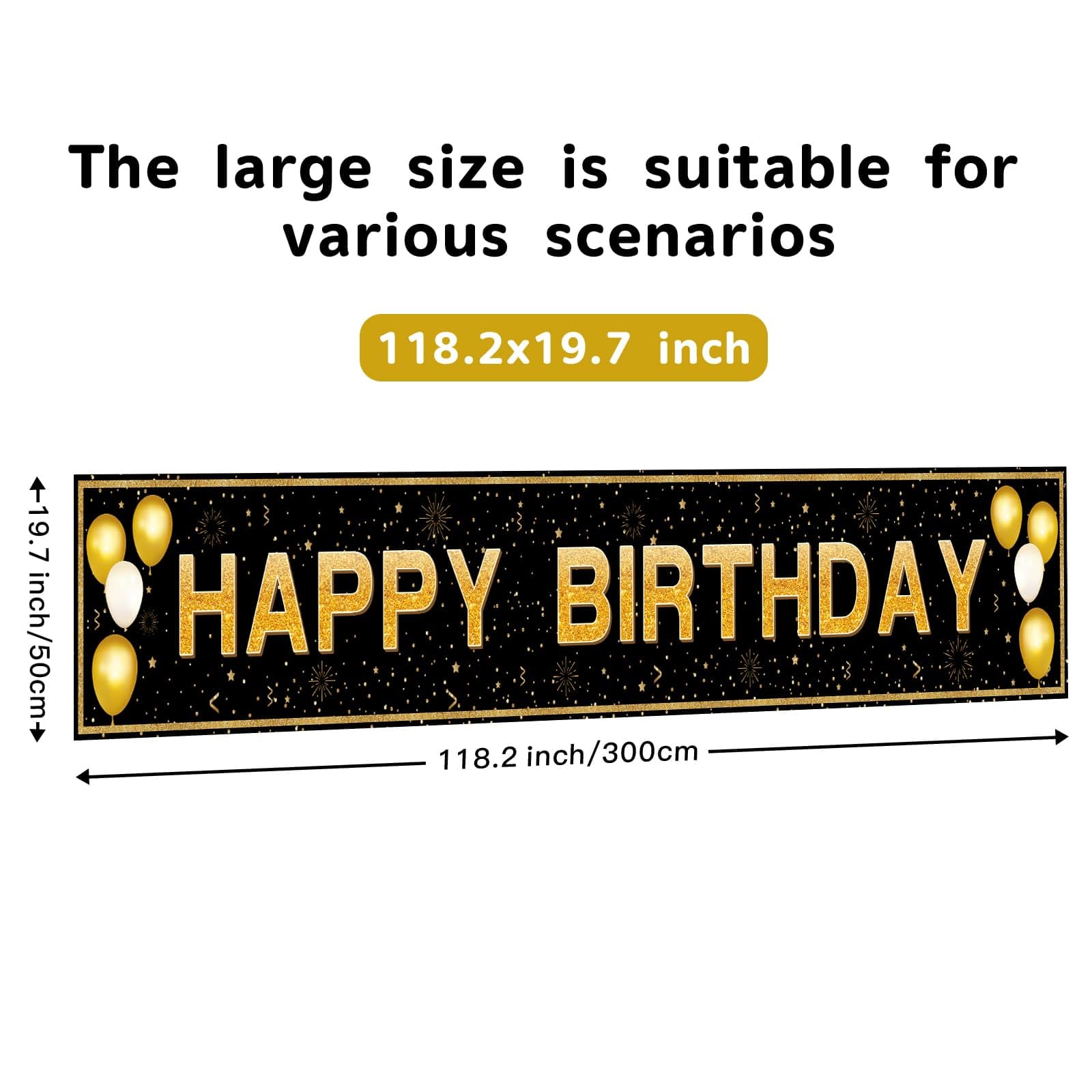 Happy Birthday Banner - 118"x20" Waterproof, Windproof & Tear-Resistant Polyester Sign for Men, Women, Boys & Girls, Black & Gold Indoor/Outdoor