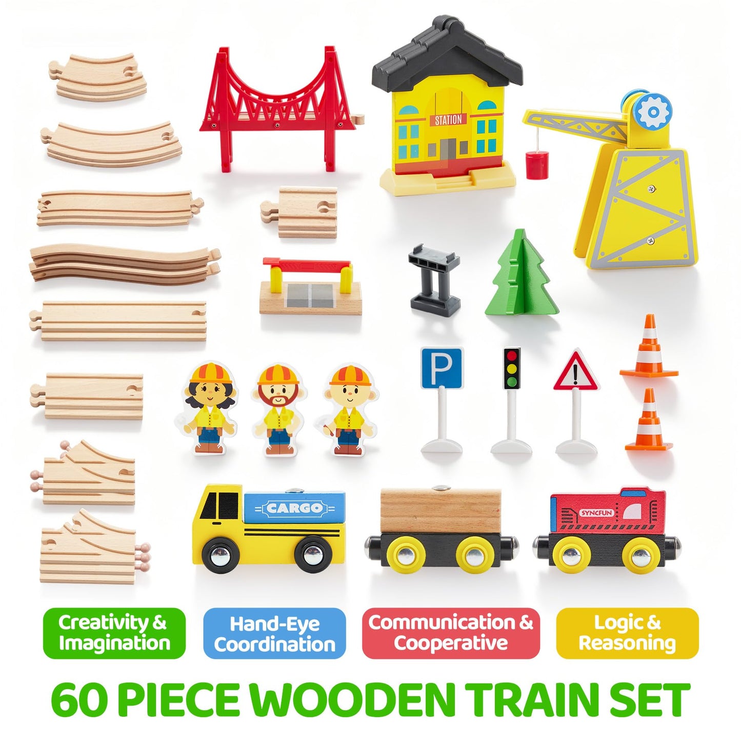 60PCS Wooden Train Set - Toy Magnetic Trains with Wooden Track Set for Kids Ages 3-8, Construction Crane Railway Set, Perfect Easter Birthday Gift