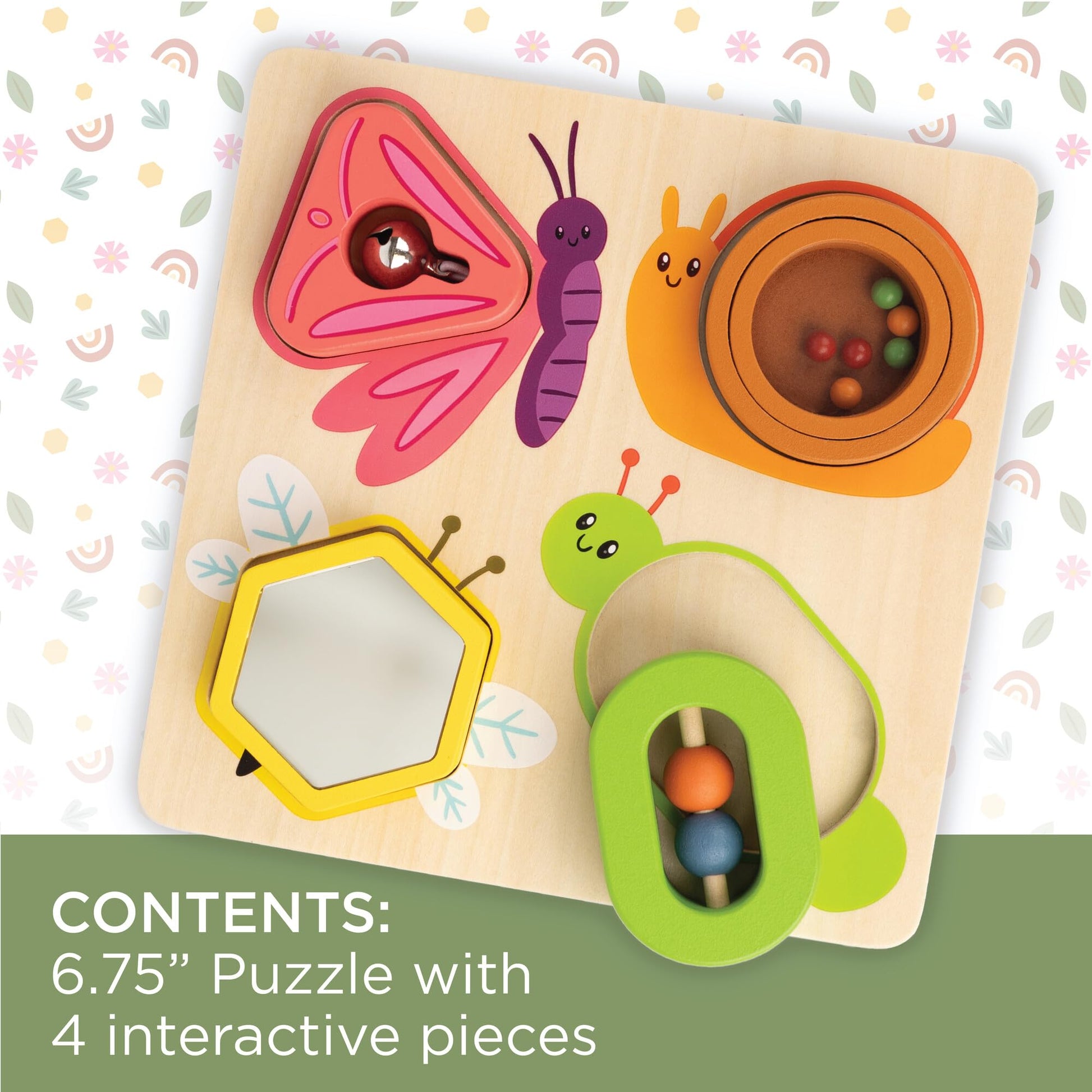 MindWare Sensory Sprouts Surprise Puzzle - Wooden Baby Puzzle with Mirror, Bells & Beads - Educational Toy for Infants & Toddlers 6+ Months Montessori