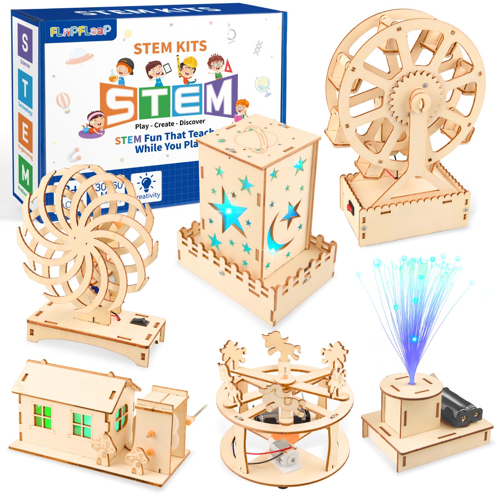 6-in-1 STEM Science Kits for Kids, Wood Arts and Craft Kits, STEM Toys for Boys Girls Age 8-12 5-7 8 10 12 13 14 Gift Idea, 3D Puzzles Building