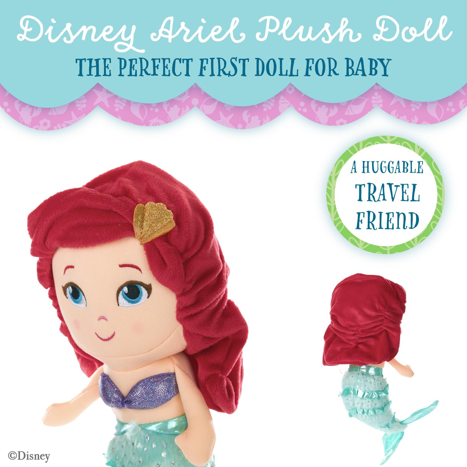 Kids Preferred Disney Baby - Ariel 12" Plush Doll with Musical Sounds - The Little Mermaid Collectable Stuffed Animal for Babies, Toddlers and Kids