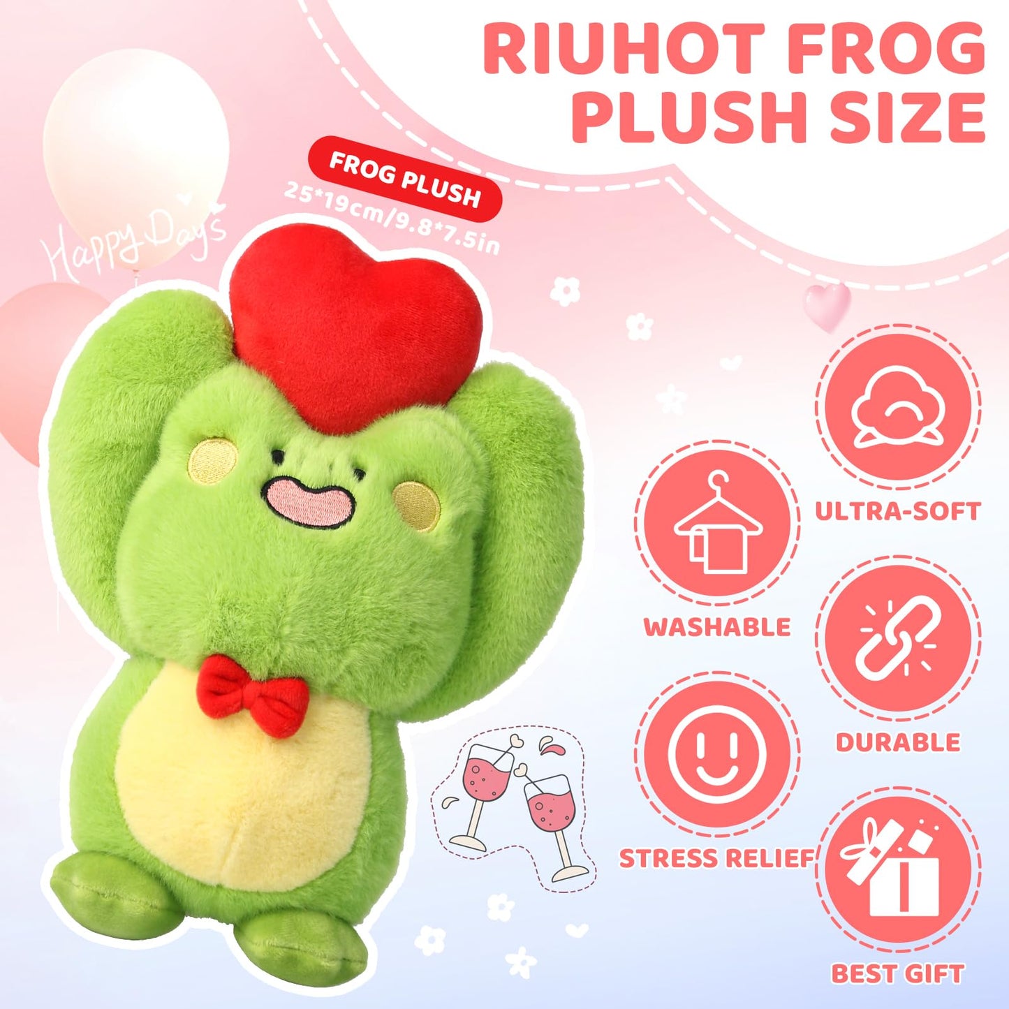 Cute Frog Plush Toy With Red Heart - Stuffed Animal Plushie for Valentine's Day, Birthday, Christmas - Soft Gift for Girlfriend, Kids 9.8"