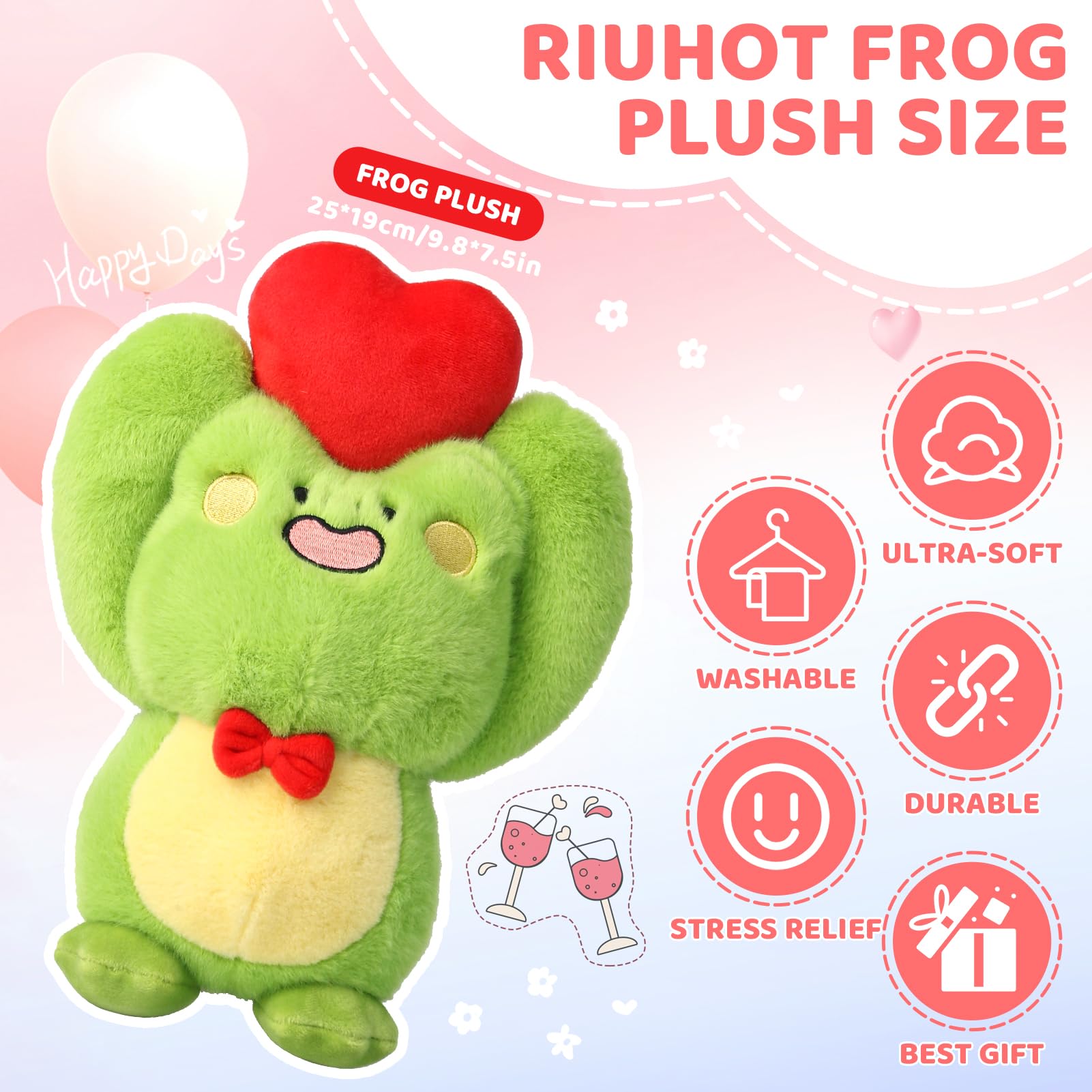 Cute Frog Plush Toy With Red Heart - Stuffed Animal Plushie for Valentine's Day, Birthday, Christmas - Soft Gift for Girlfriend, Kids 9.8"