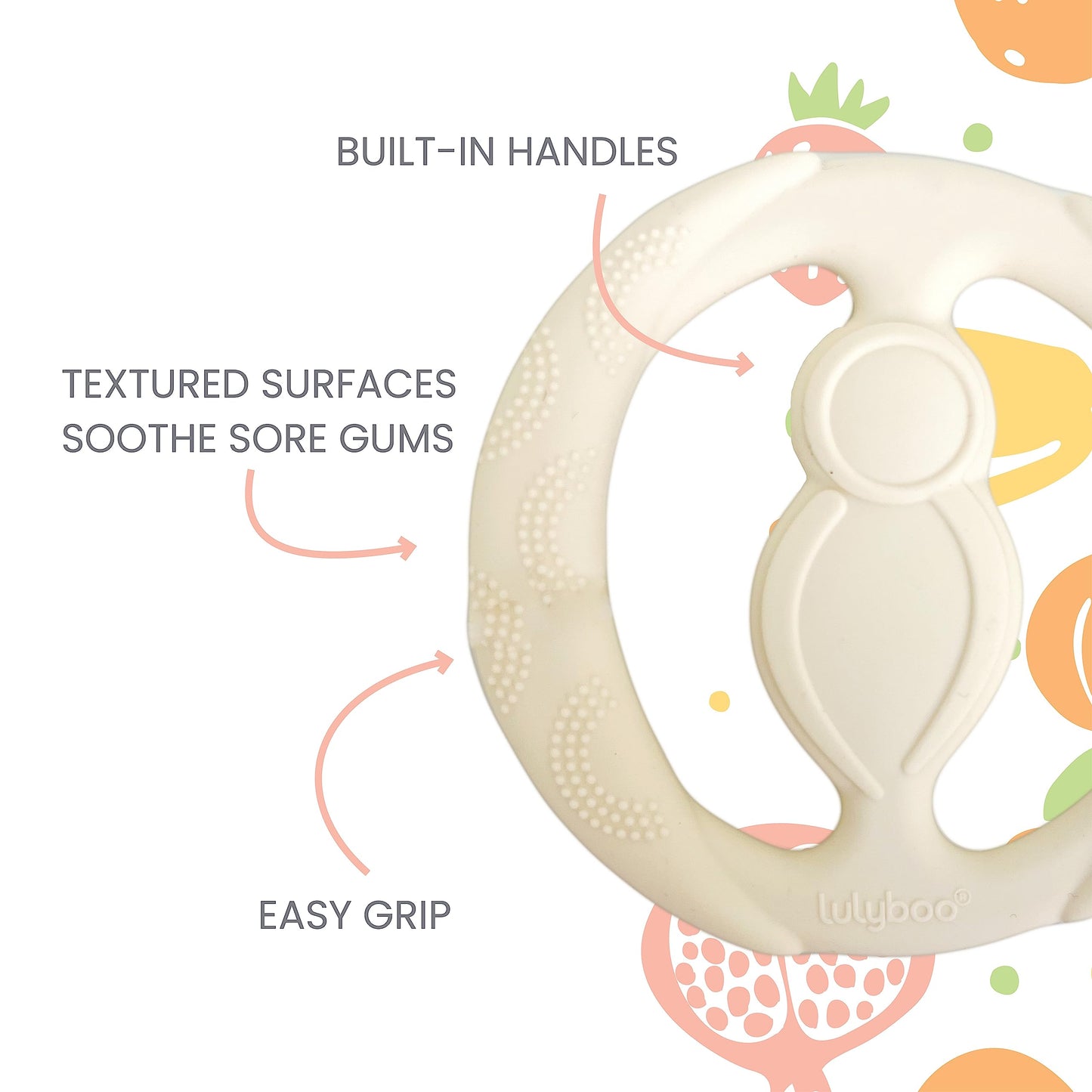 Lulyboo Silicone Baby Teething Ring, Soft and Durable Easy Grip Teether, Soothing for Gums, 0-12 Months, Ivory
